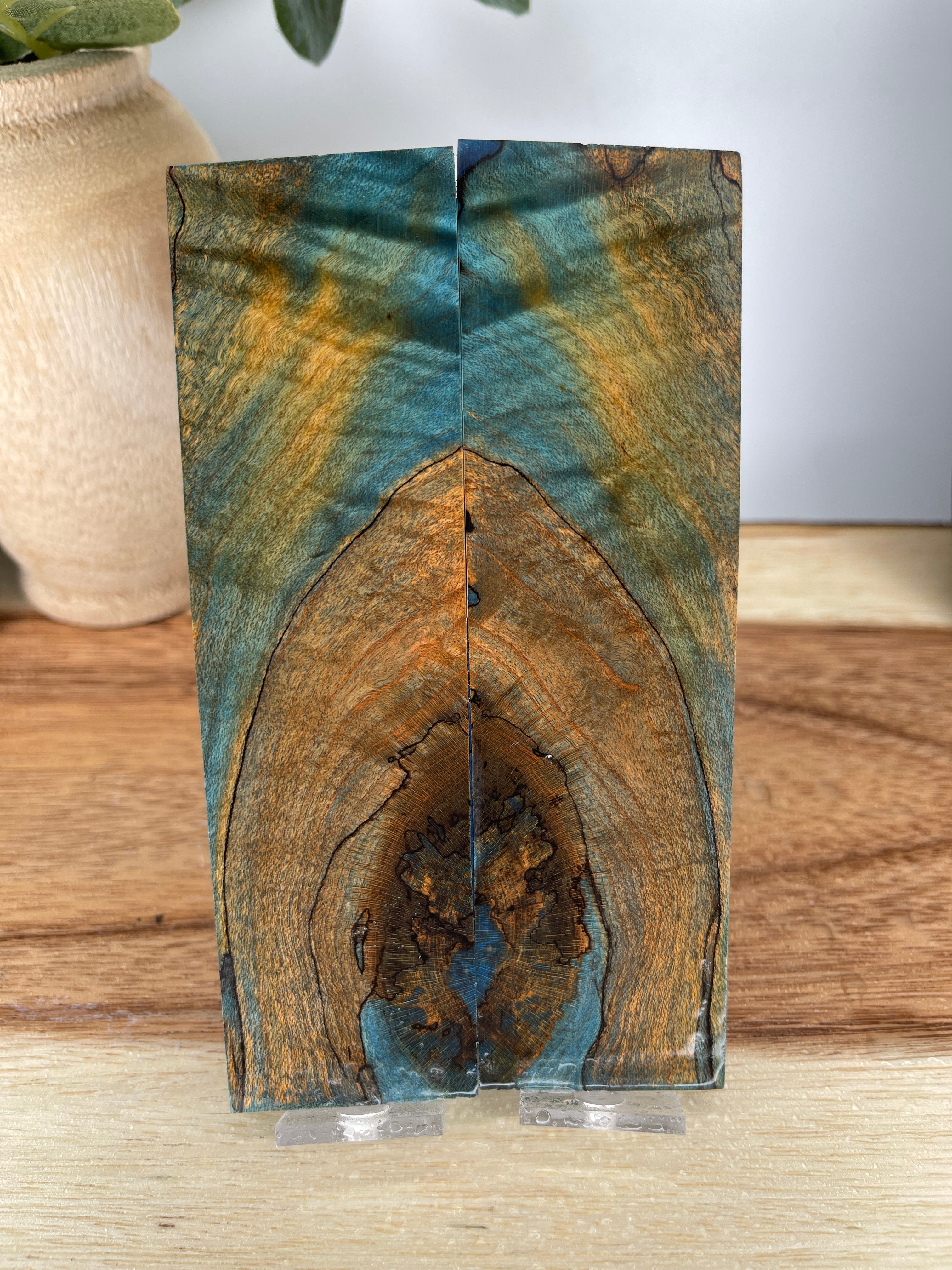 KS-459: Knife Scales  -  Blue Yellow Brown Dye Stabilized Spalted Maple Wood Knife Scales - Jakob Janssen Studios