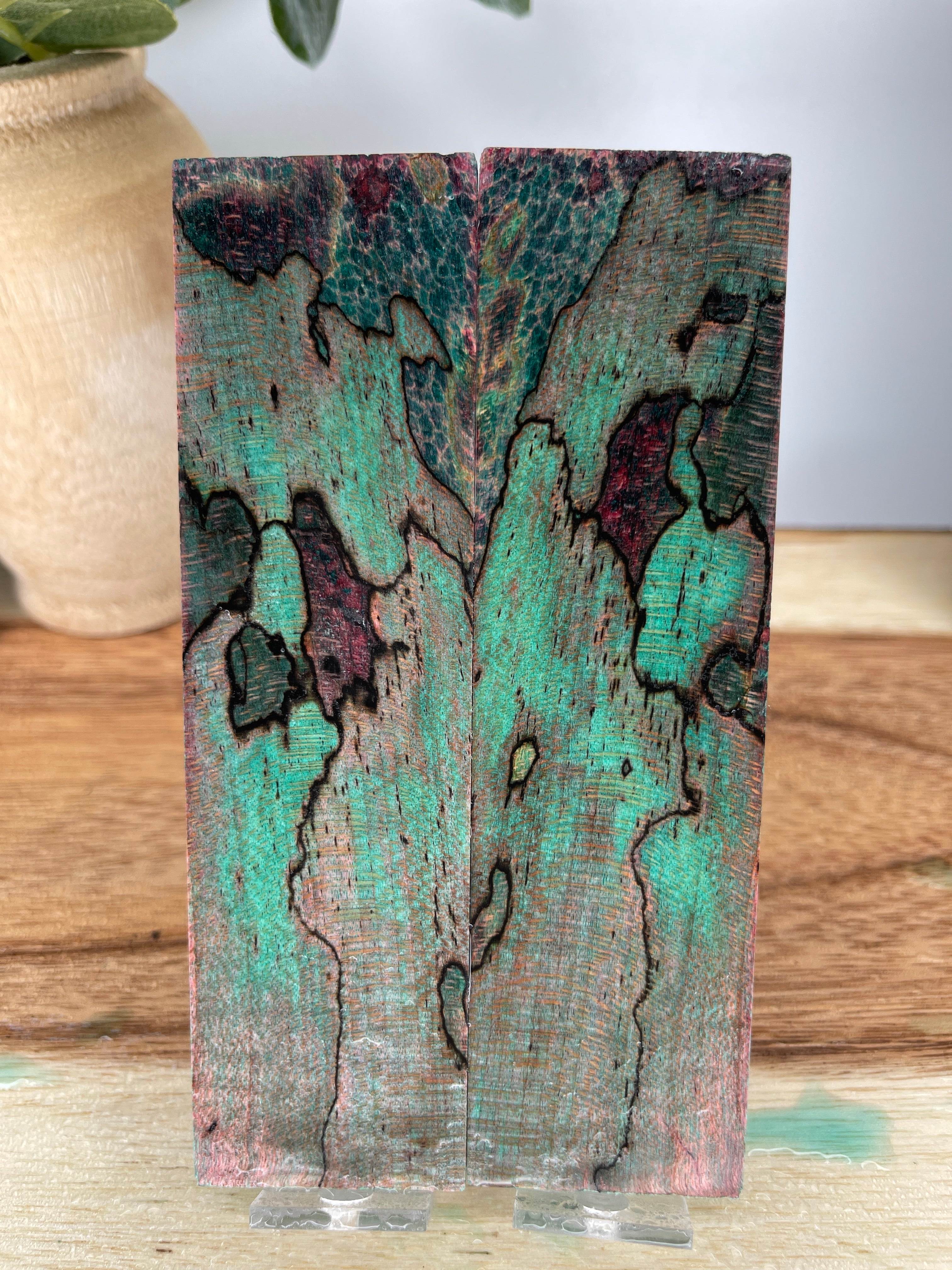 KS-463: Knife Scales  -  Green Black Pink Dye Stabilized Spalted Maple Wood Knife Scales - Jakob Janssen Studios