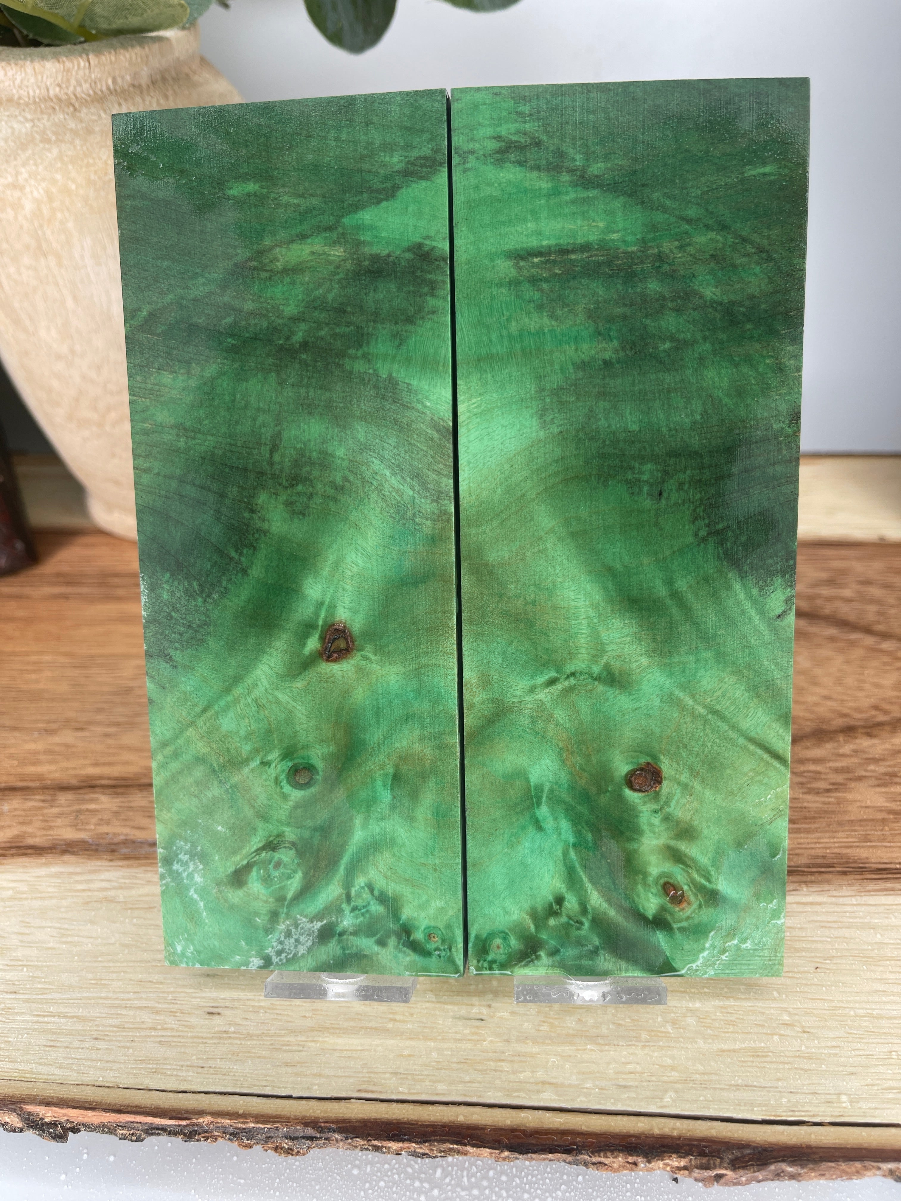 KS-484: Knife Scales  -  Green Dye Stabilized Maple Burl Wood Knife Scales - Jakob Janssen Studios