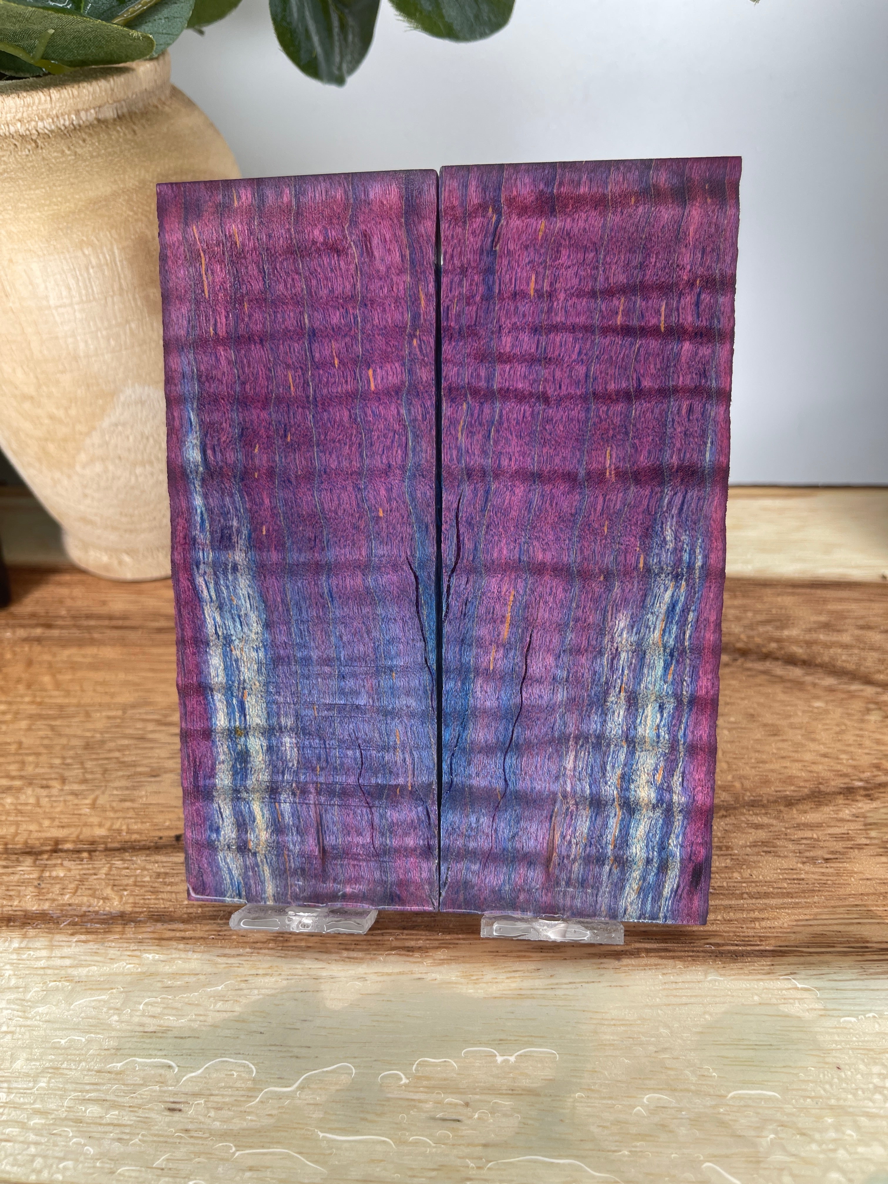 KS-493: Knife Scales  -  Purple Pink Dye Stabilized Curly Maple Wood Knife Scales - Jakob Janssen Studios