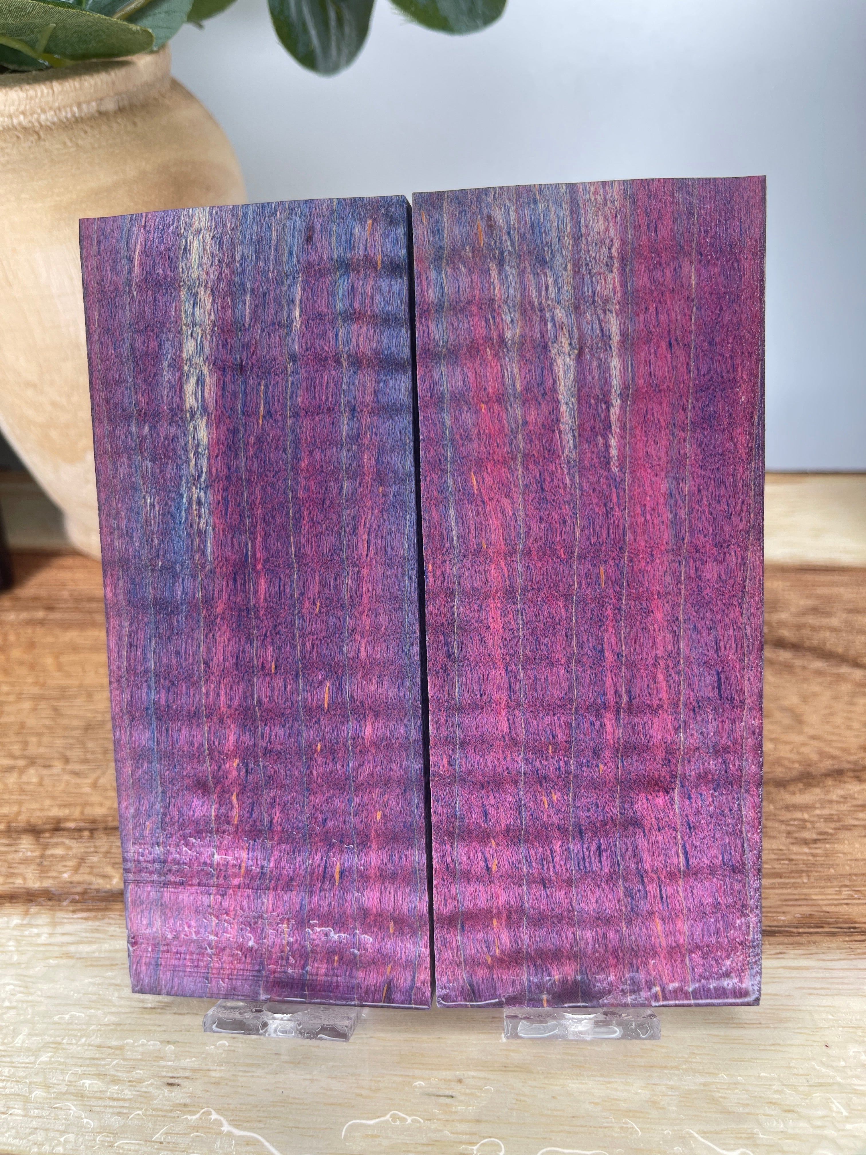 KS-495: Knife Scales  -  Blue Purple Pink Dye Stabilized Curly Maple Wood Knife Scales - Jakob Janssen Studios