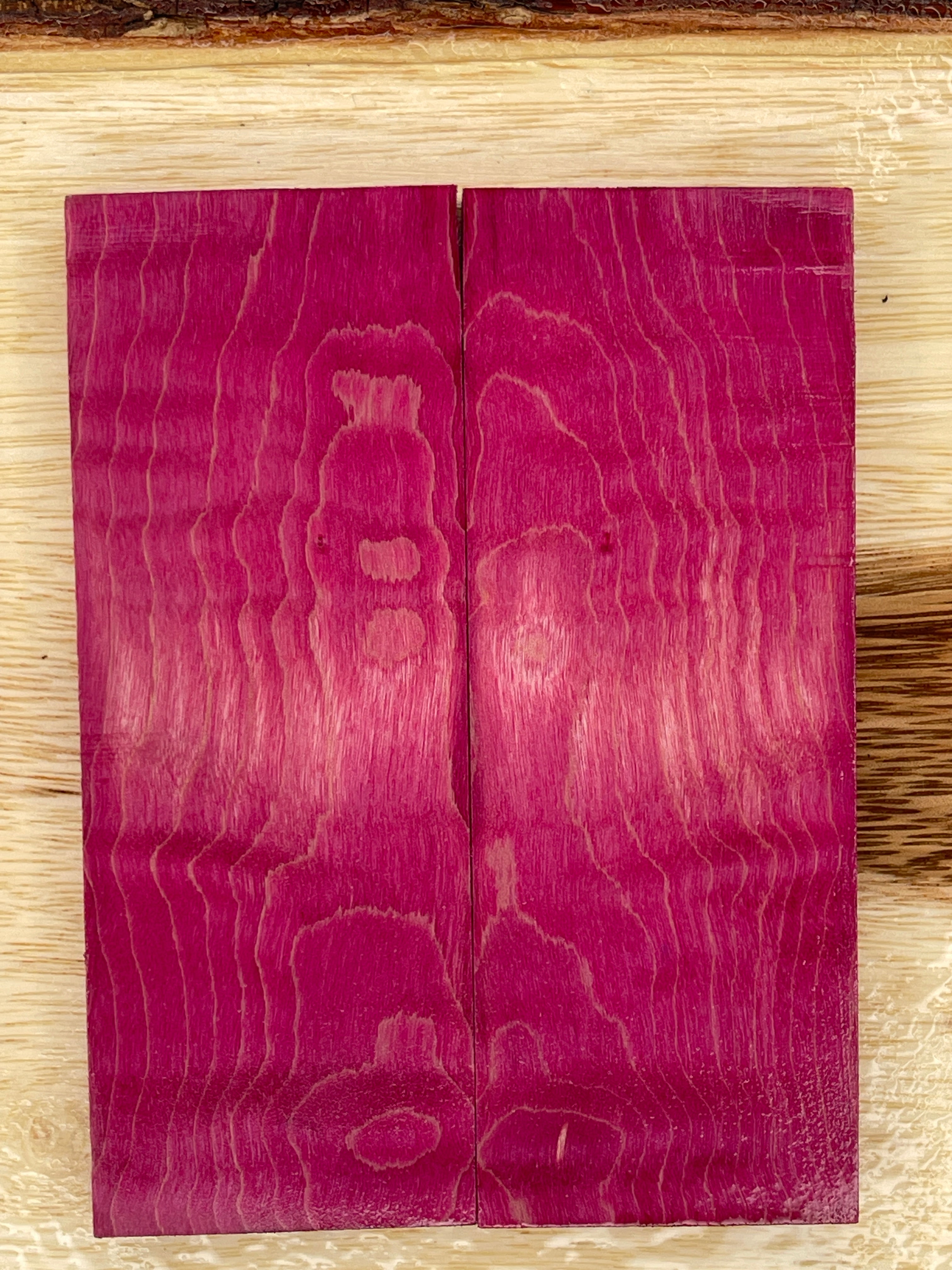 KS-050: Knife Scales - Pink Dye Stabilized Curly Maple - Jakob Janssen Studios