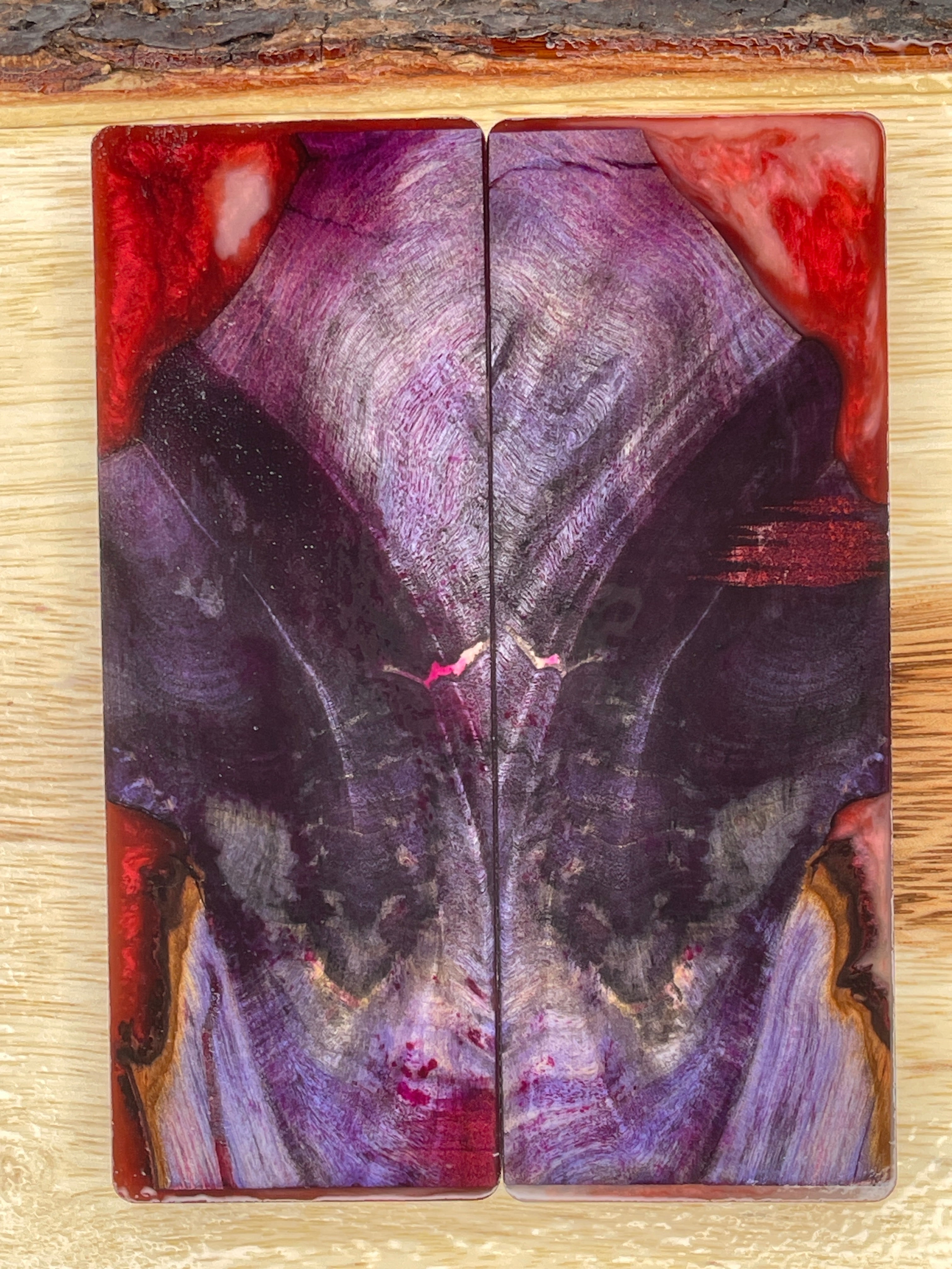 KS-157: Knife Scales - Hybrid Pink Red Resin Purple Black Dye Stabilized Buckeye Burl - Jakob Janssen Studios