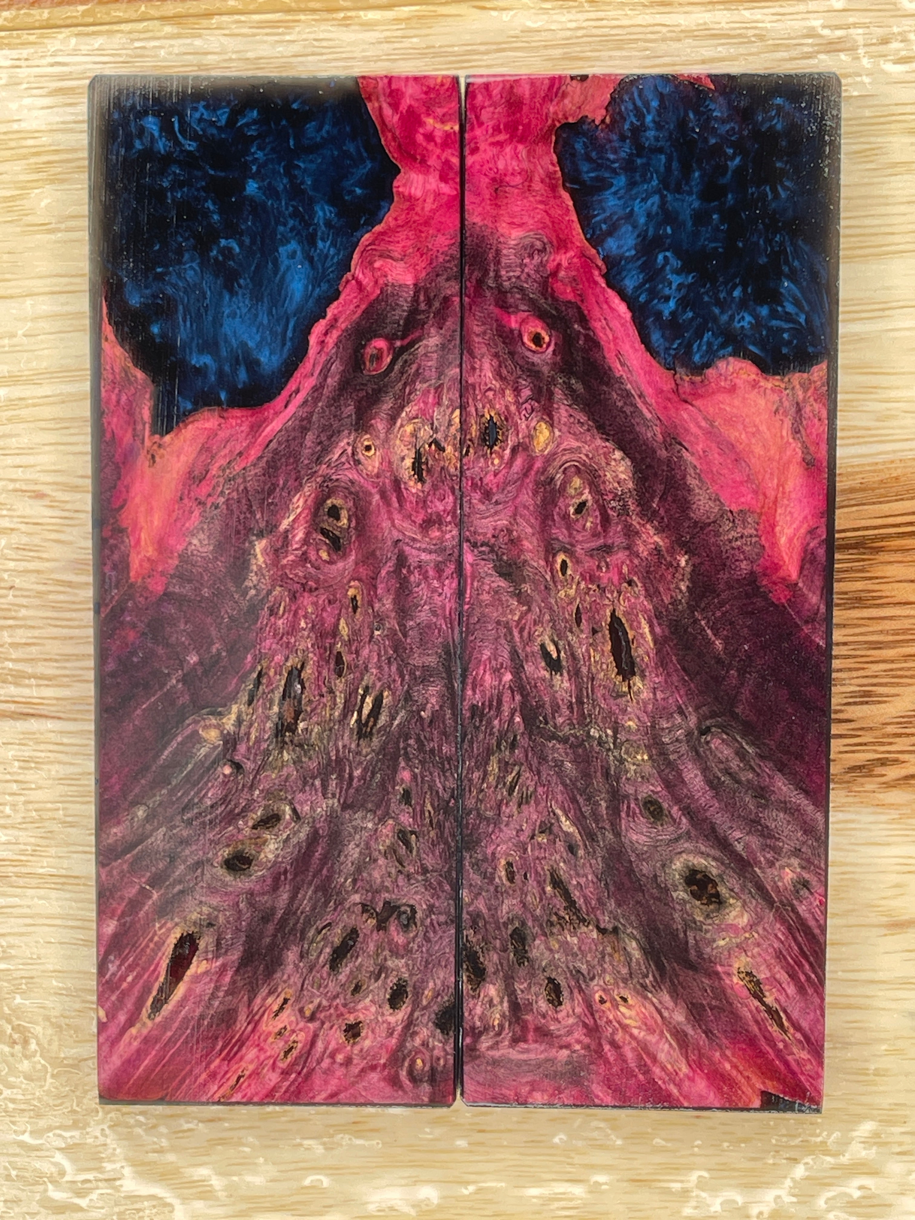 KS-160: Knife Scales - Hybrid Black Resin Purple Pink Black Dye Stabilized Buckeye Burl - Jakob Janssen Studios