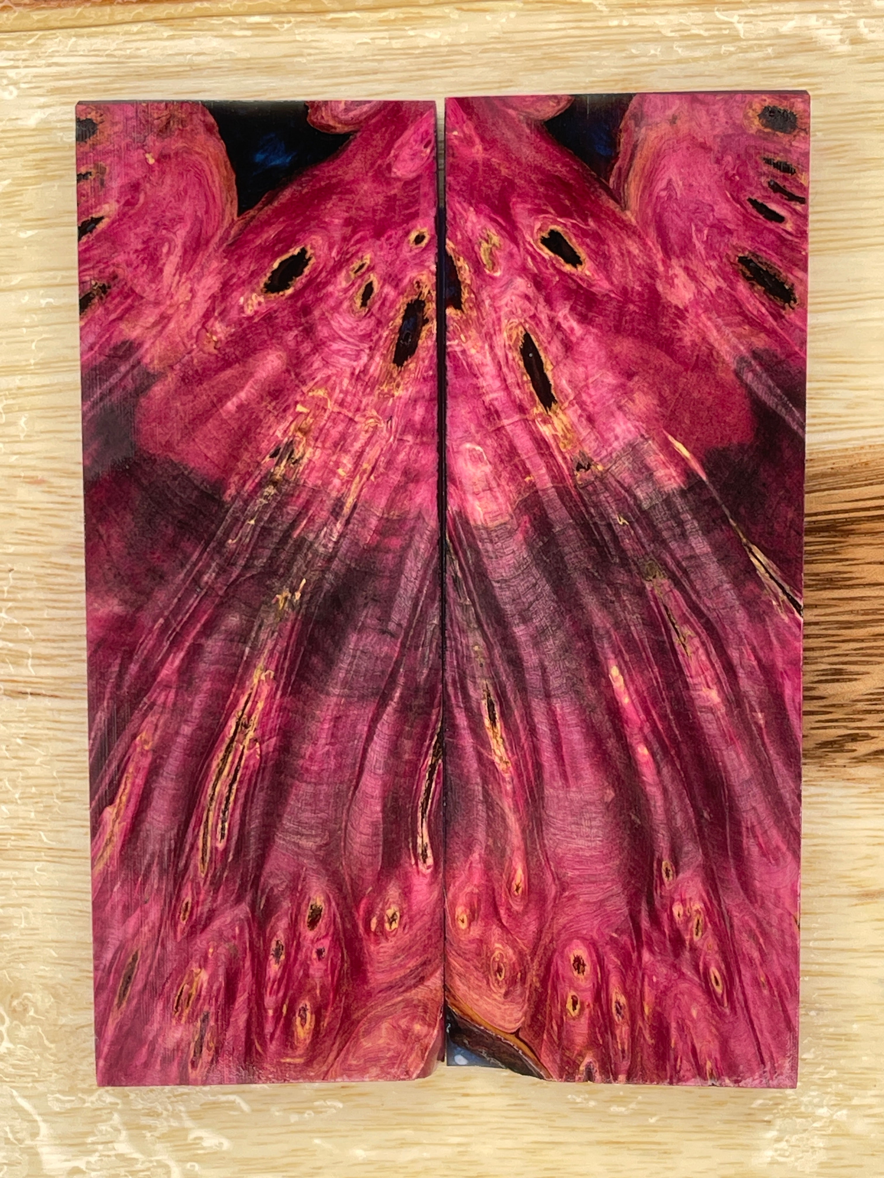 KS-163: Knife Scales - Hybrid Black Resin Purple Pink Black Dye Stabilized Buckeye Burl - Jakob Janssen Studios