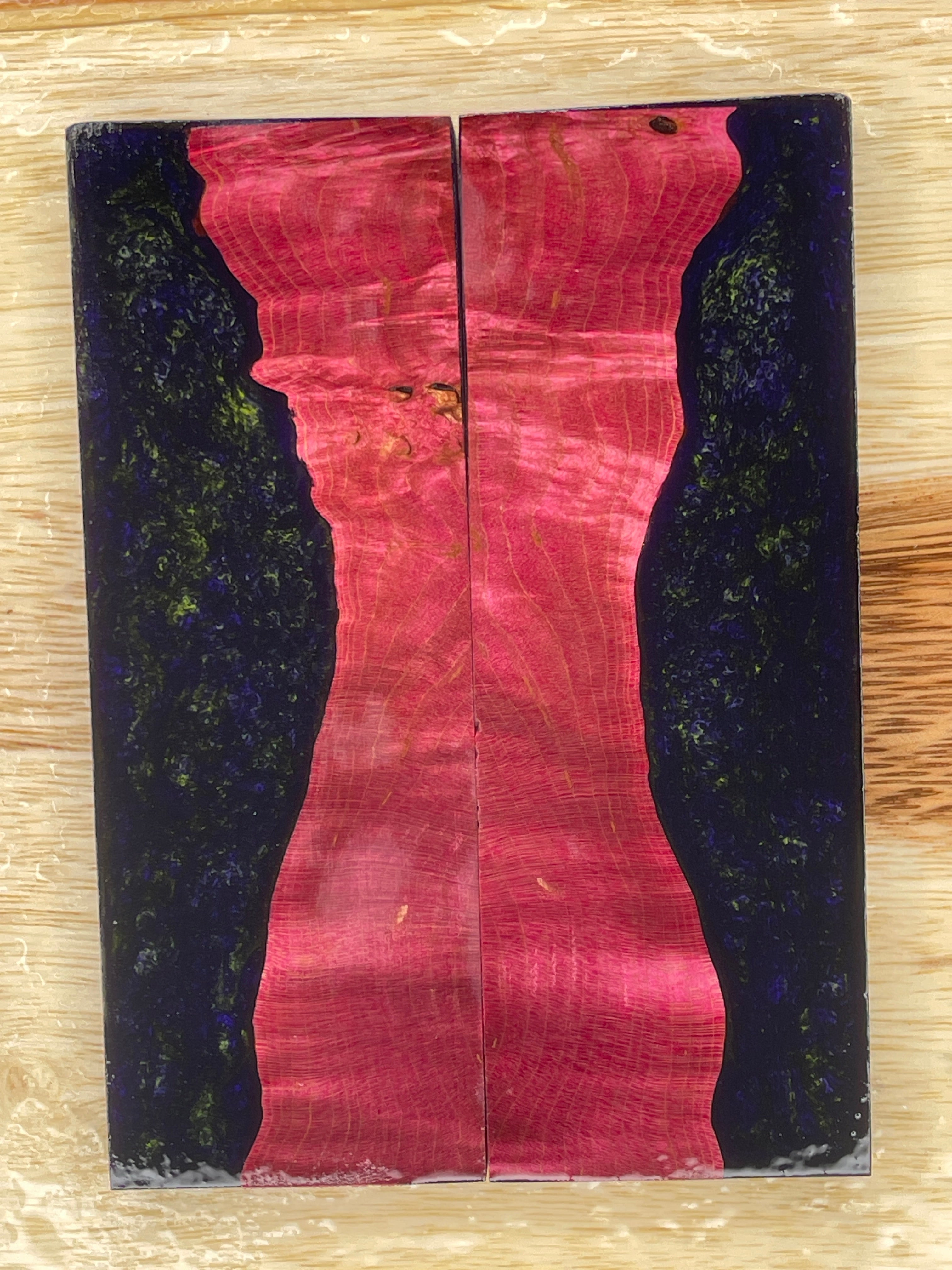 KS-167: Knife Scales - Hybrid Purple Green Resin Pink Dye Stabilized Maple Burl - Jakob Janssen Studios