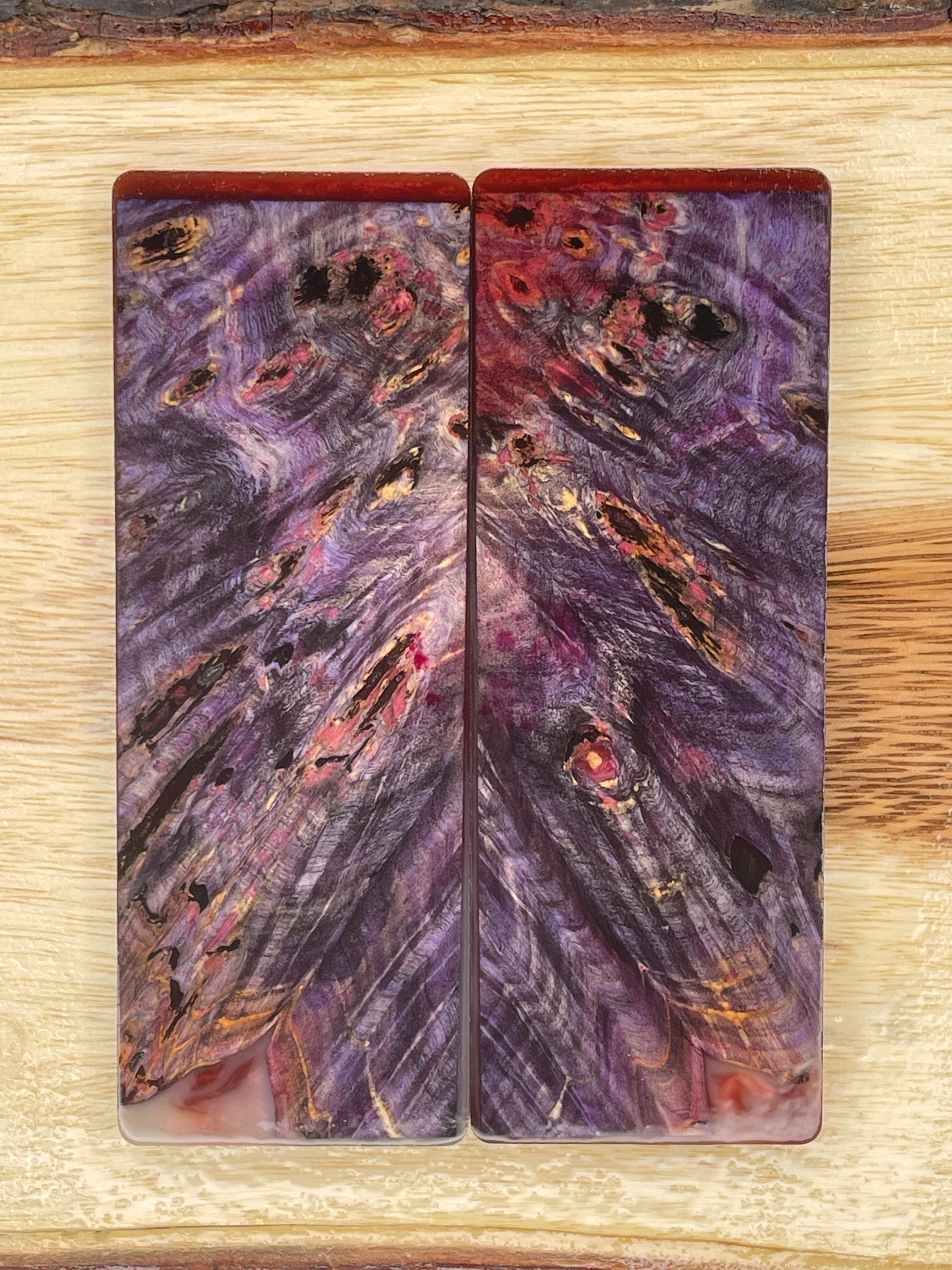 KS-170: Knife Scales - Hybrid Pink Resin Purple Dye Stabilized Buckeye Burl - Jakob Janssen Studios