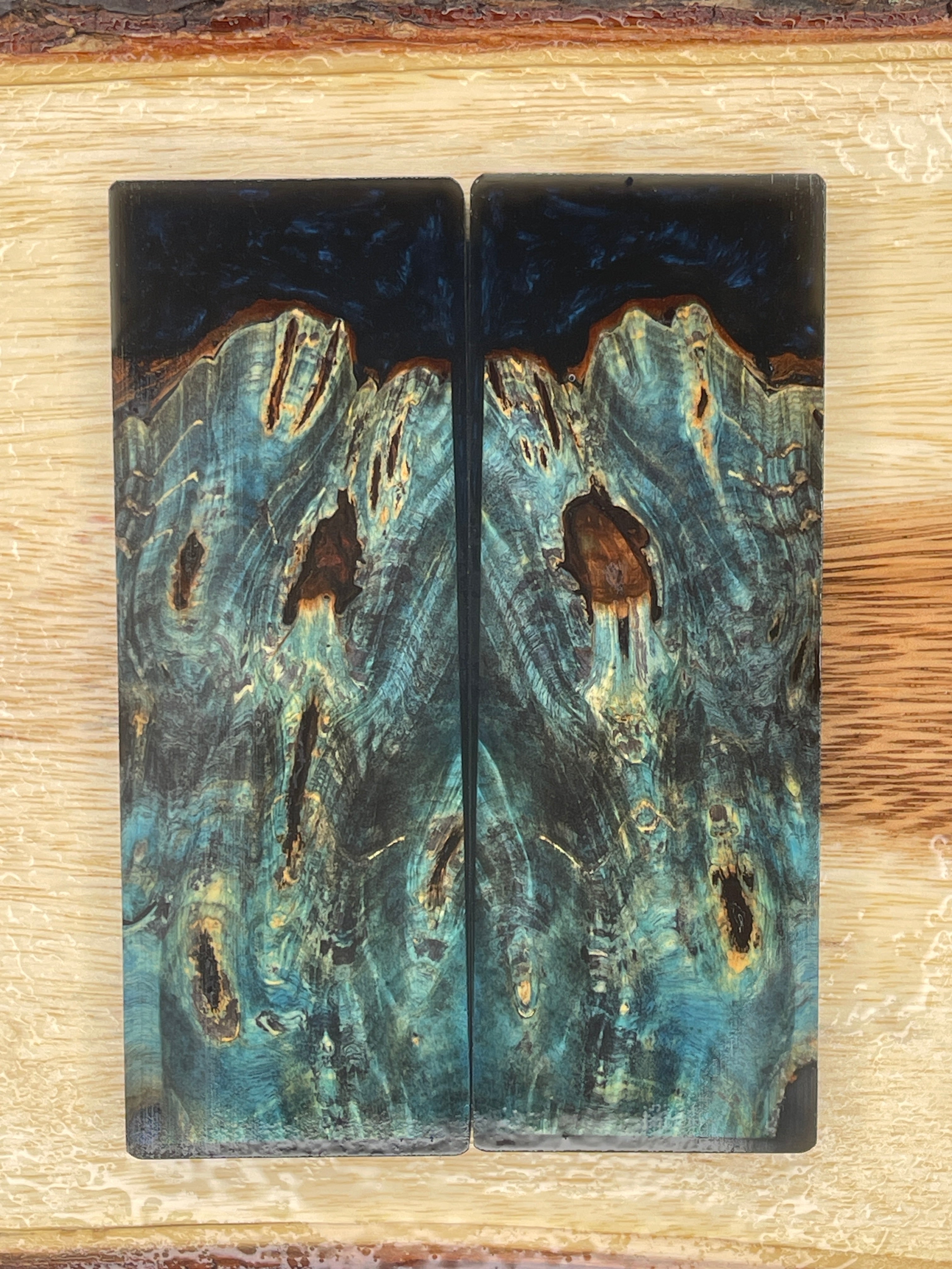 KS-174: Knife Scales - Hybrid Black Resin Blue Black Dye Stabilized Buckeye Burl - Jakob Janssen Studios