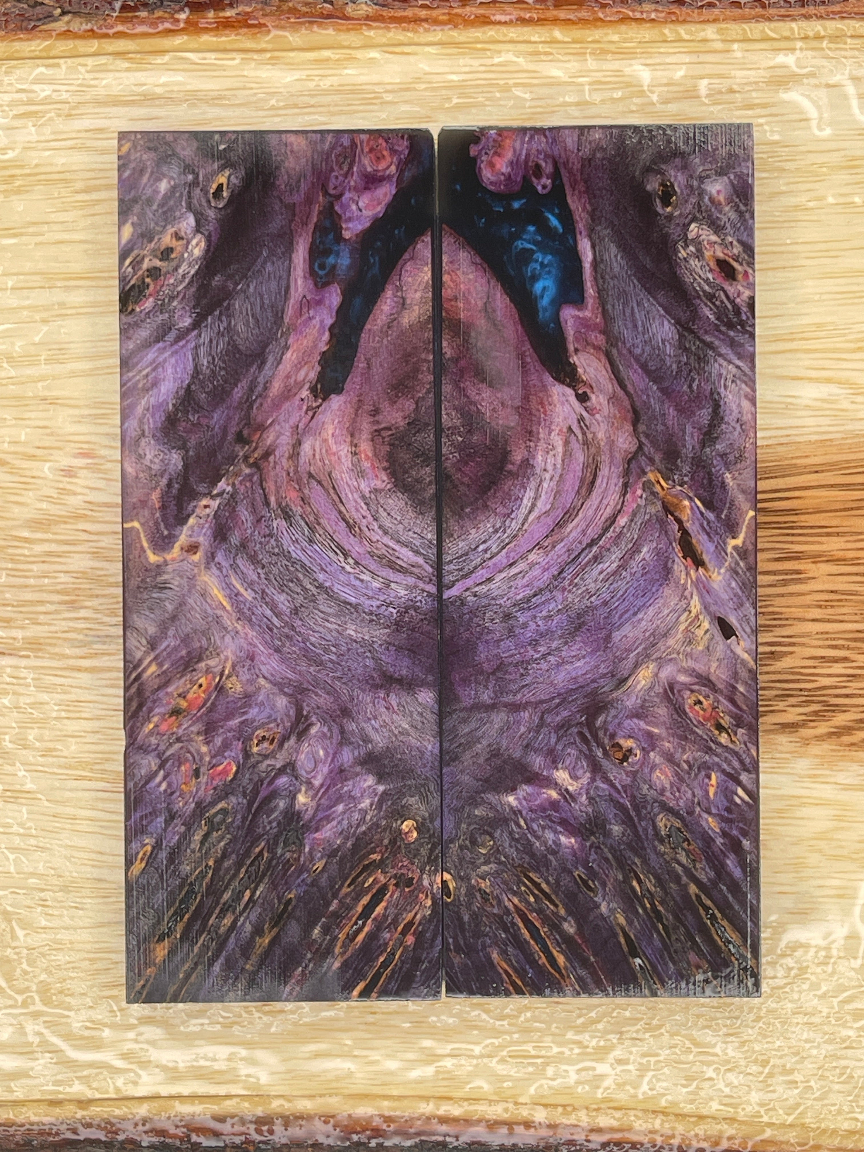 KS-177: Knife Scales - Hybrid Black Resin Purple Dye Stabilized Buckeye Burl - Jakob Janssen Studios