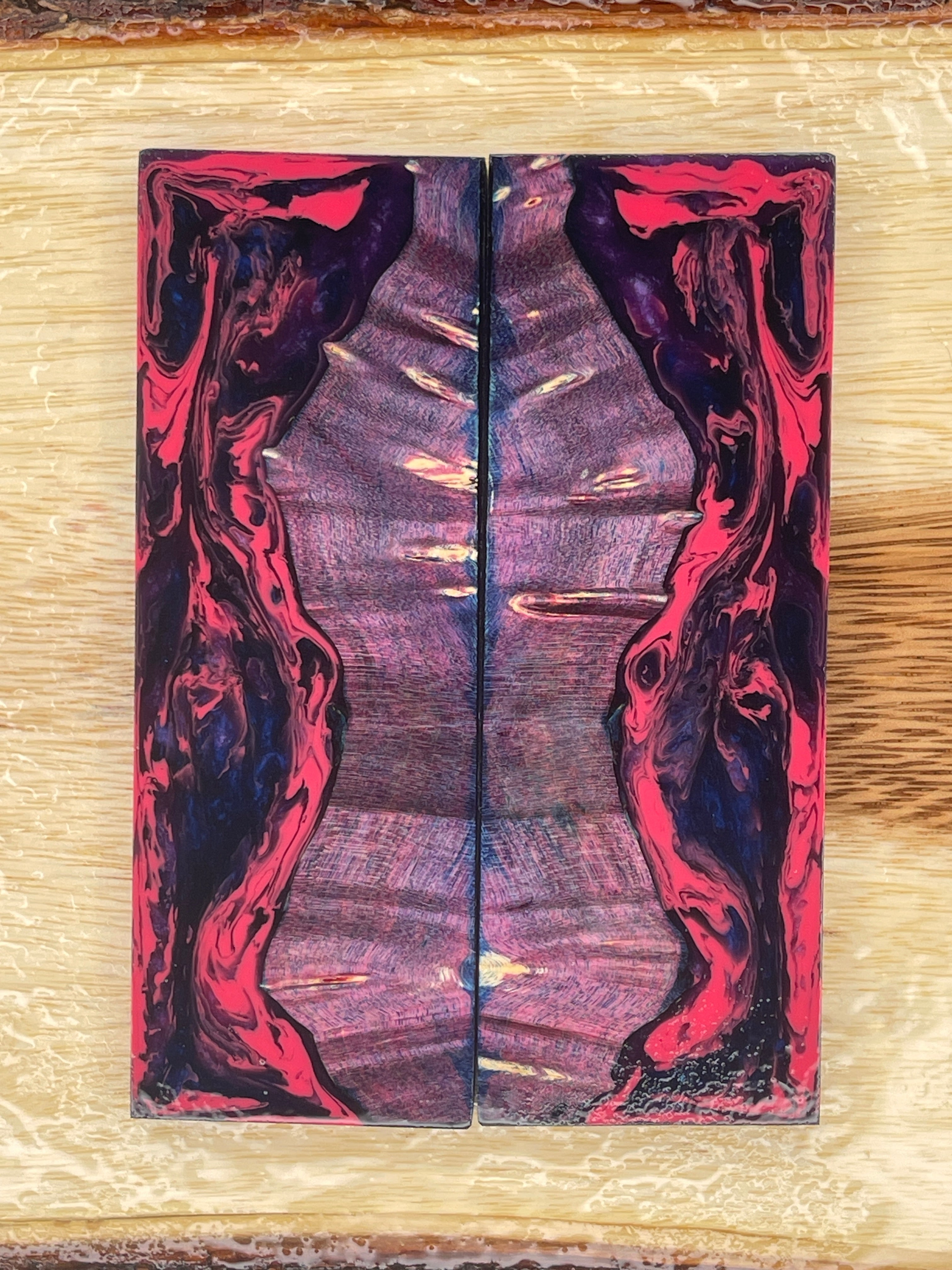 KS-180: Knife Scales - Hybrid Pink Blue Resin Purple Dye Stabilized Maple Burl - Jakob Janssen Studios