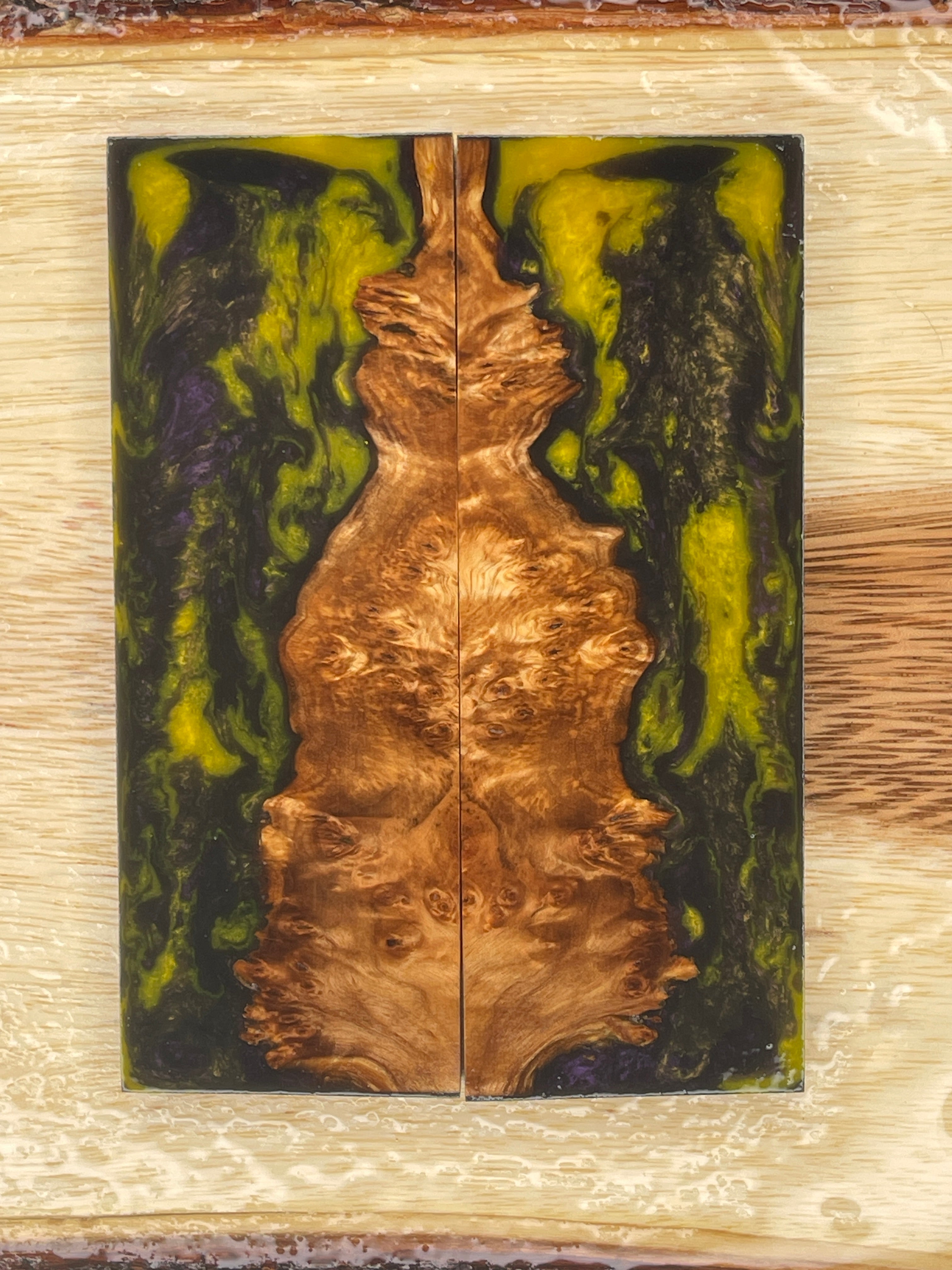 KS-185: Knife Scales - Hybrid Yellow Purple Resin Natural Stabilized Birch Burl - Jakob Janssen Studios