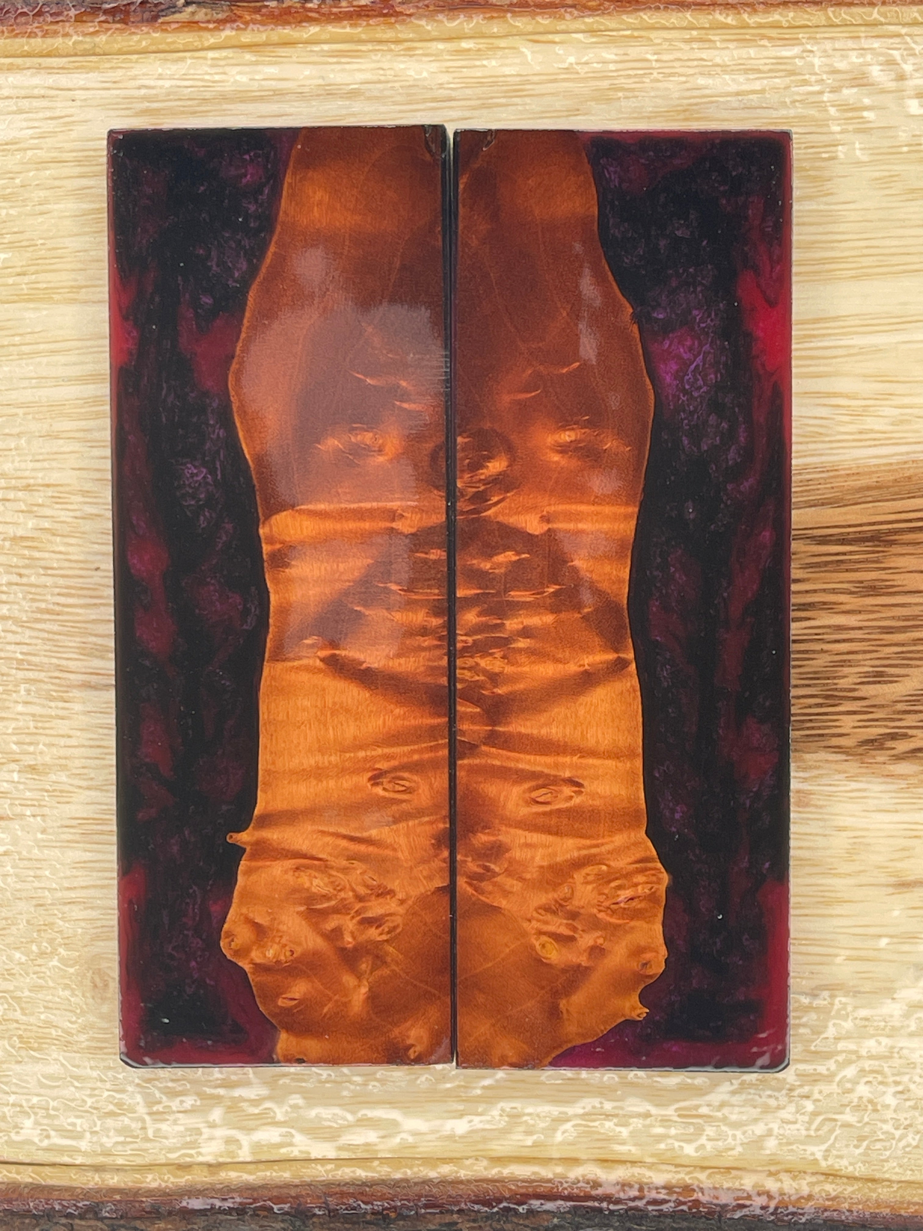 KS-190: Knife Scales - Hybrid Red Black Resin Orange Dye Stabilized Maple Burl - Jakob Janssen Studios