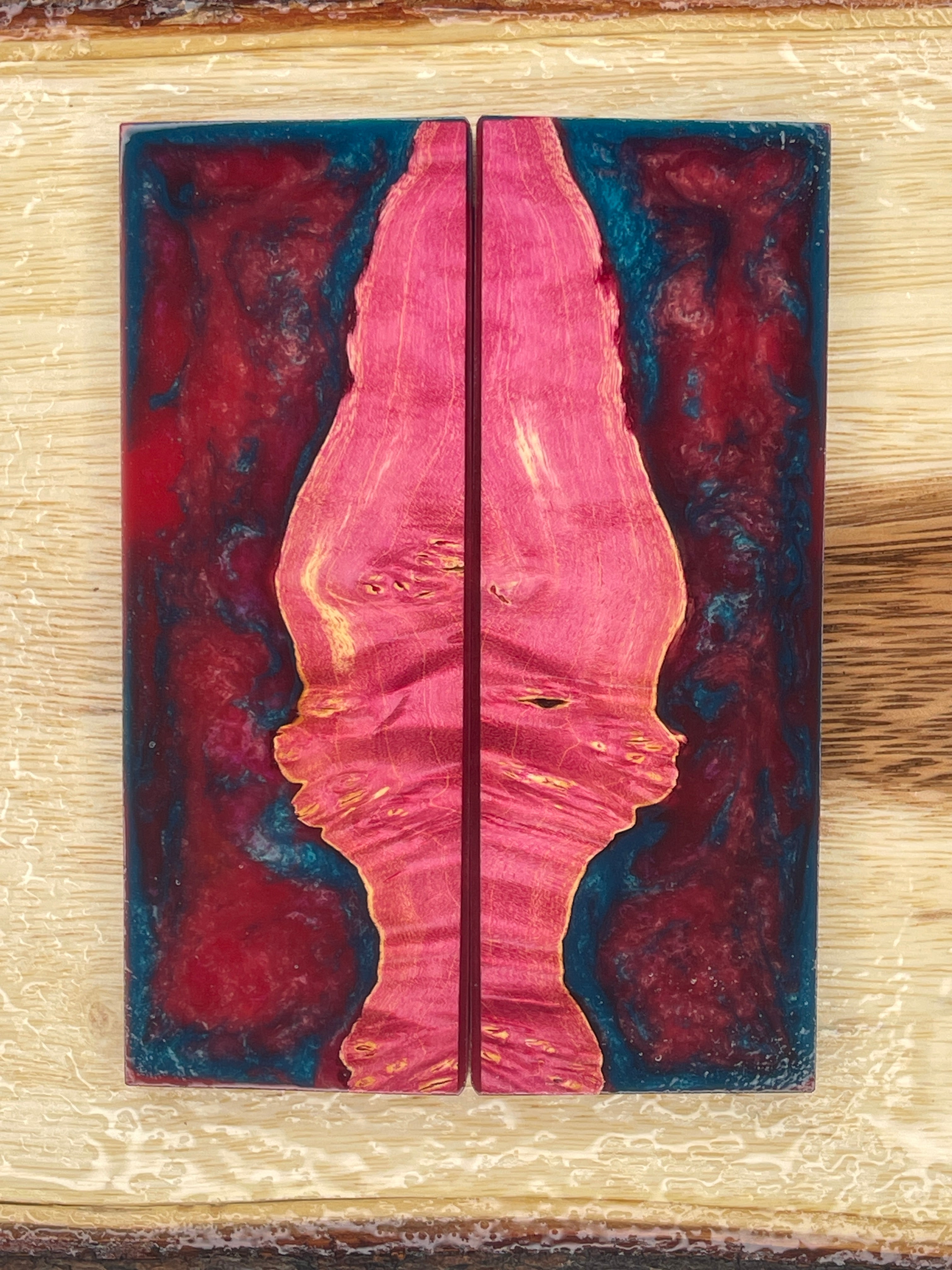 KS-194: Knife Scales - Hybrid Blue Red Resin Pink Dye Stabilized Maple Burl - Jakob Janssen Studios