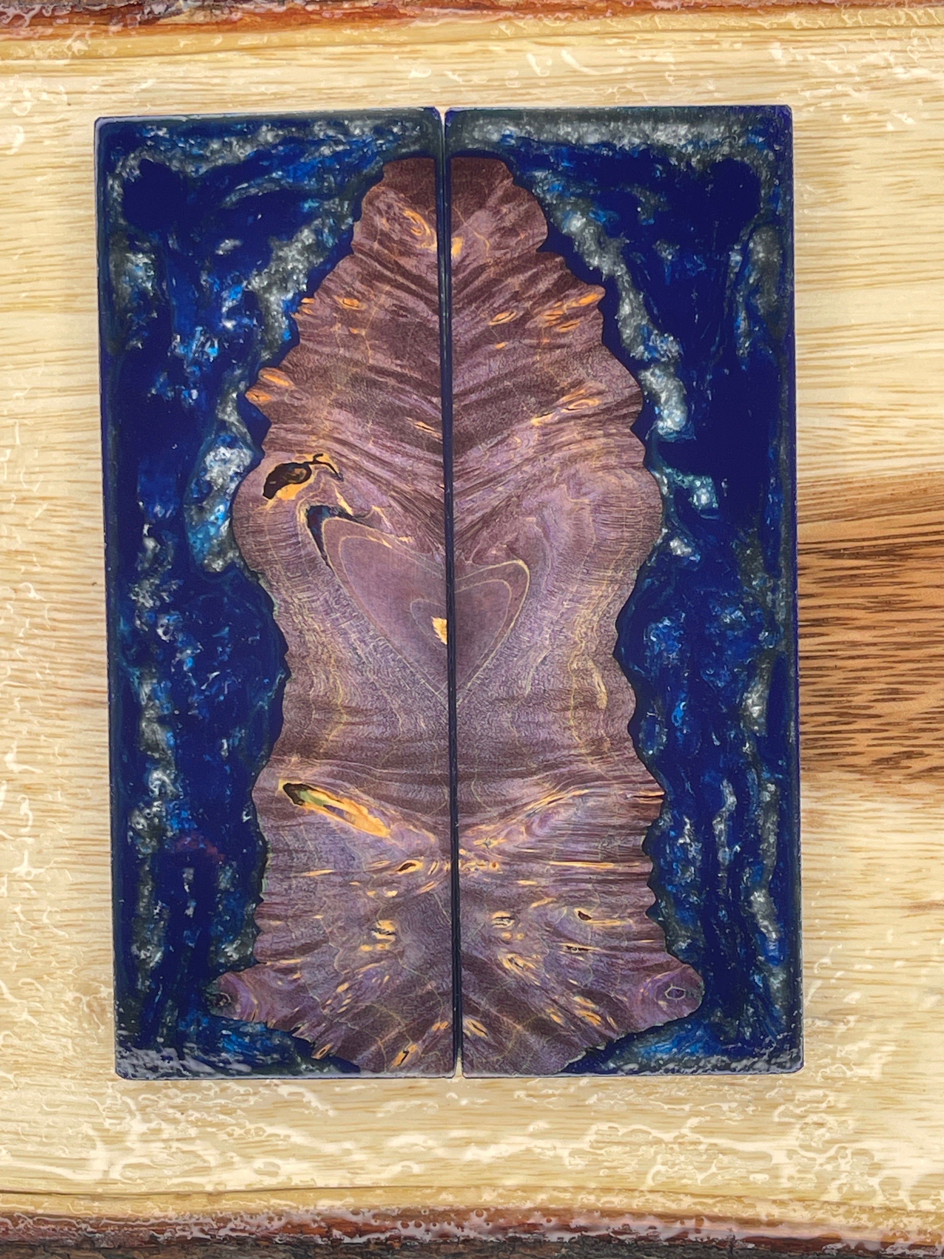 KS-195: Knife Scales - Hybrid Blue Resin Purple Dye Stabilized Maple Burl - Jakob Janssen Studios