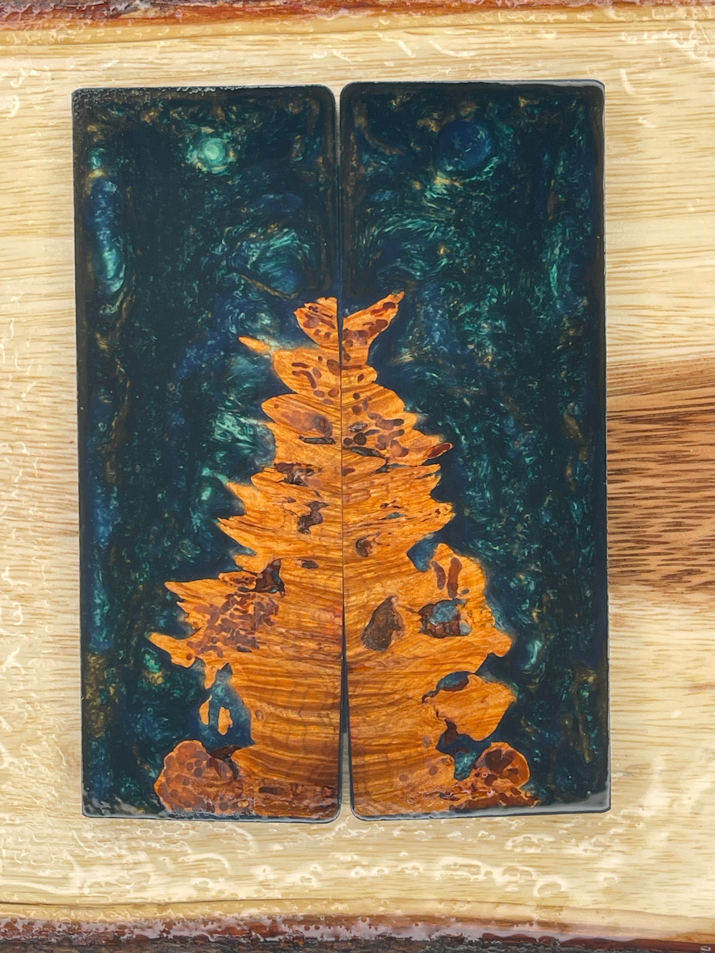 KS-196: Knife Scales - Hybrid Blue Resin Orange Dye Stabilized Maple Burl - Jakob Janssen Studios