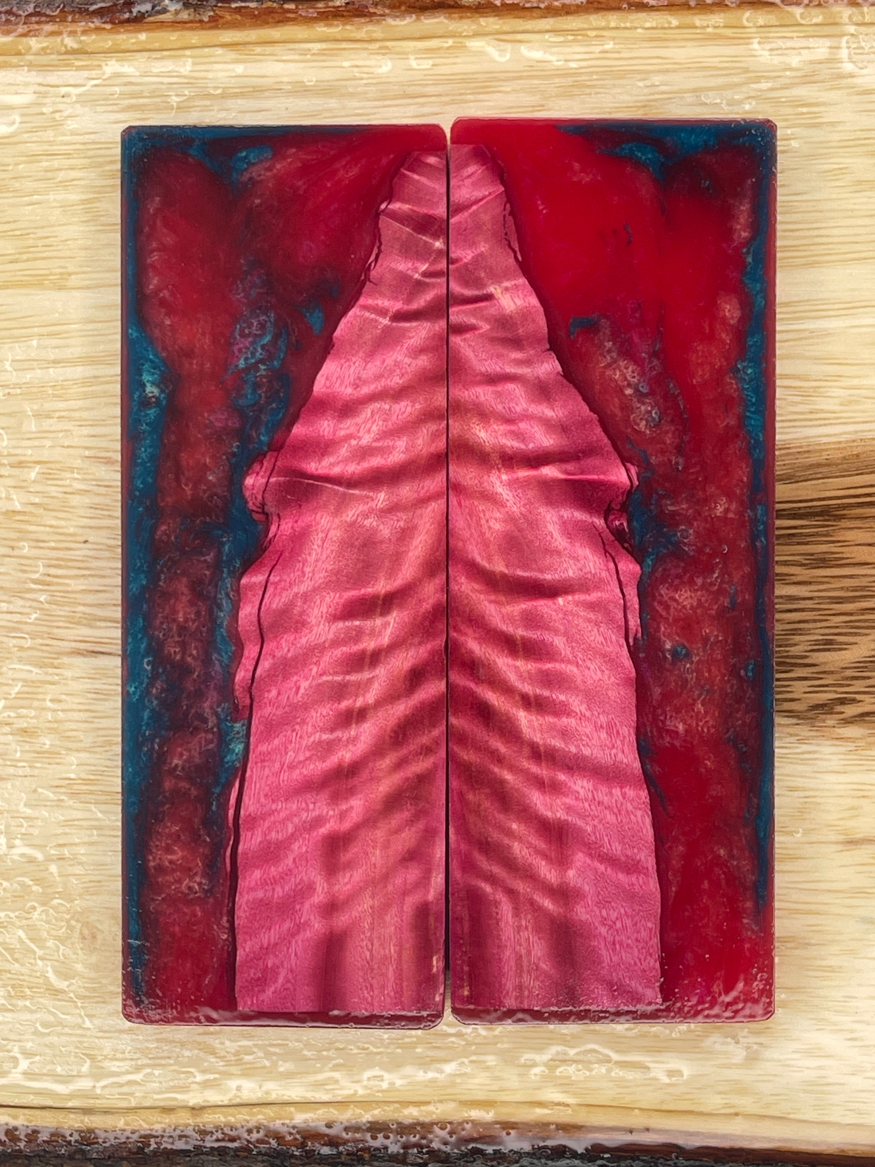 KS-203: Knife Scales - Hybrid Blue Red Resin Pink Dye Stabilized Curly Maple - Jakob Janssen Studios