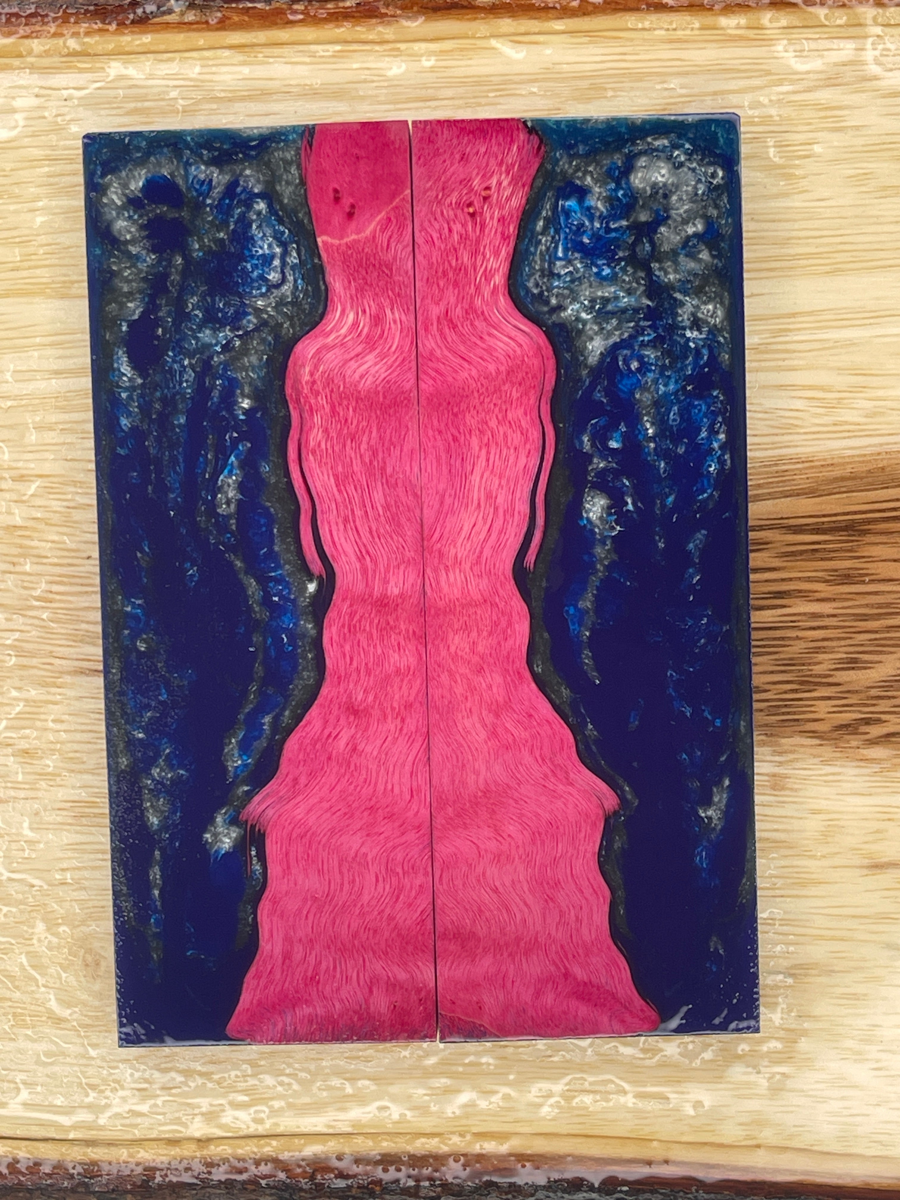 KS-204: Knife Scales - Hybrid Blue Resin Pink Dye Stabilized Curly Maple - Jakob Janssen Studios