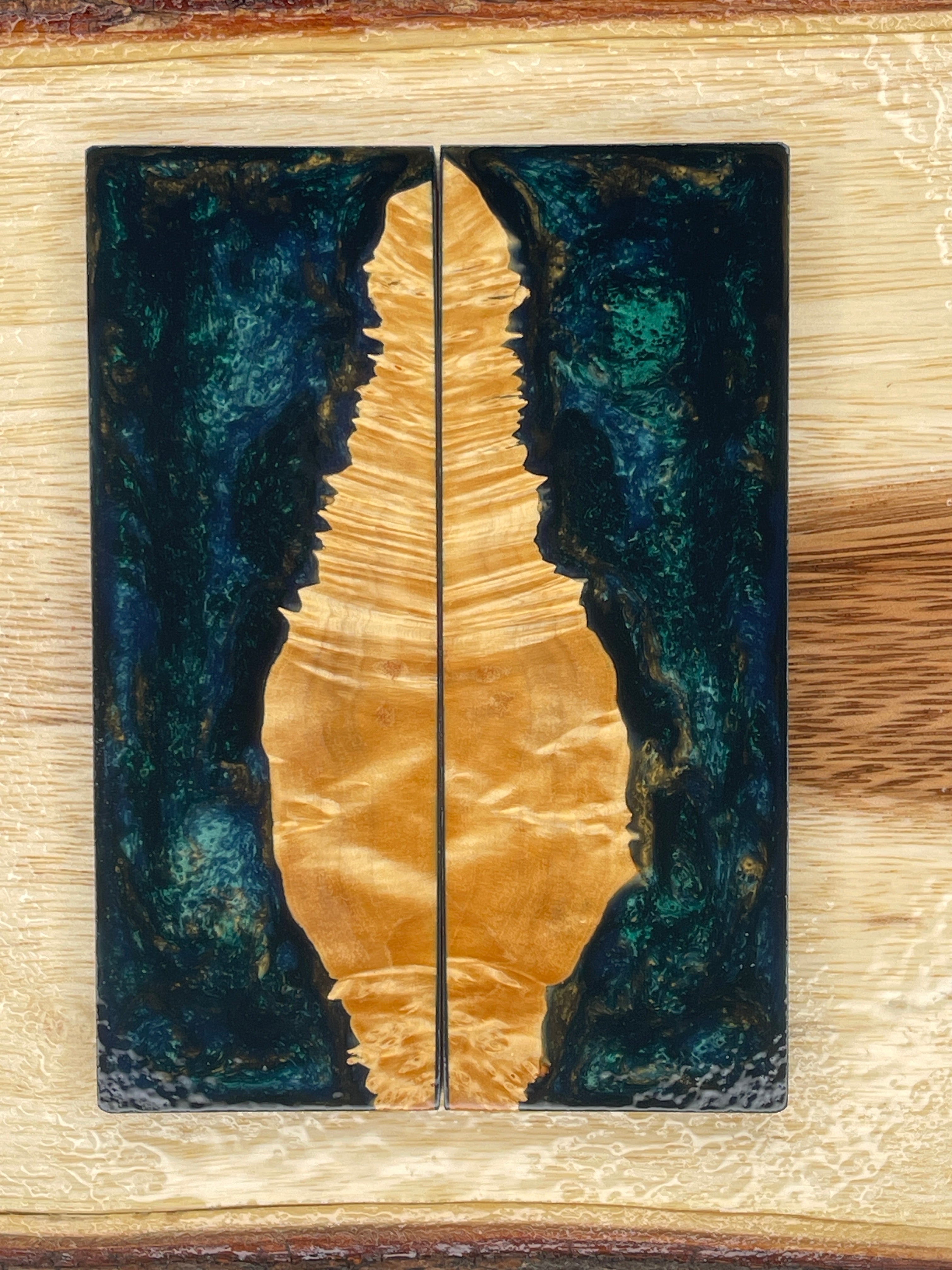 KS-208: Knife Scales - Hybrid Blue Resin Natural Stabilized Box Elder Burl - Jakob Janssen Studios