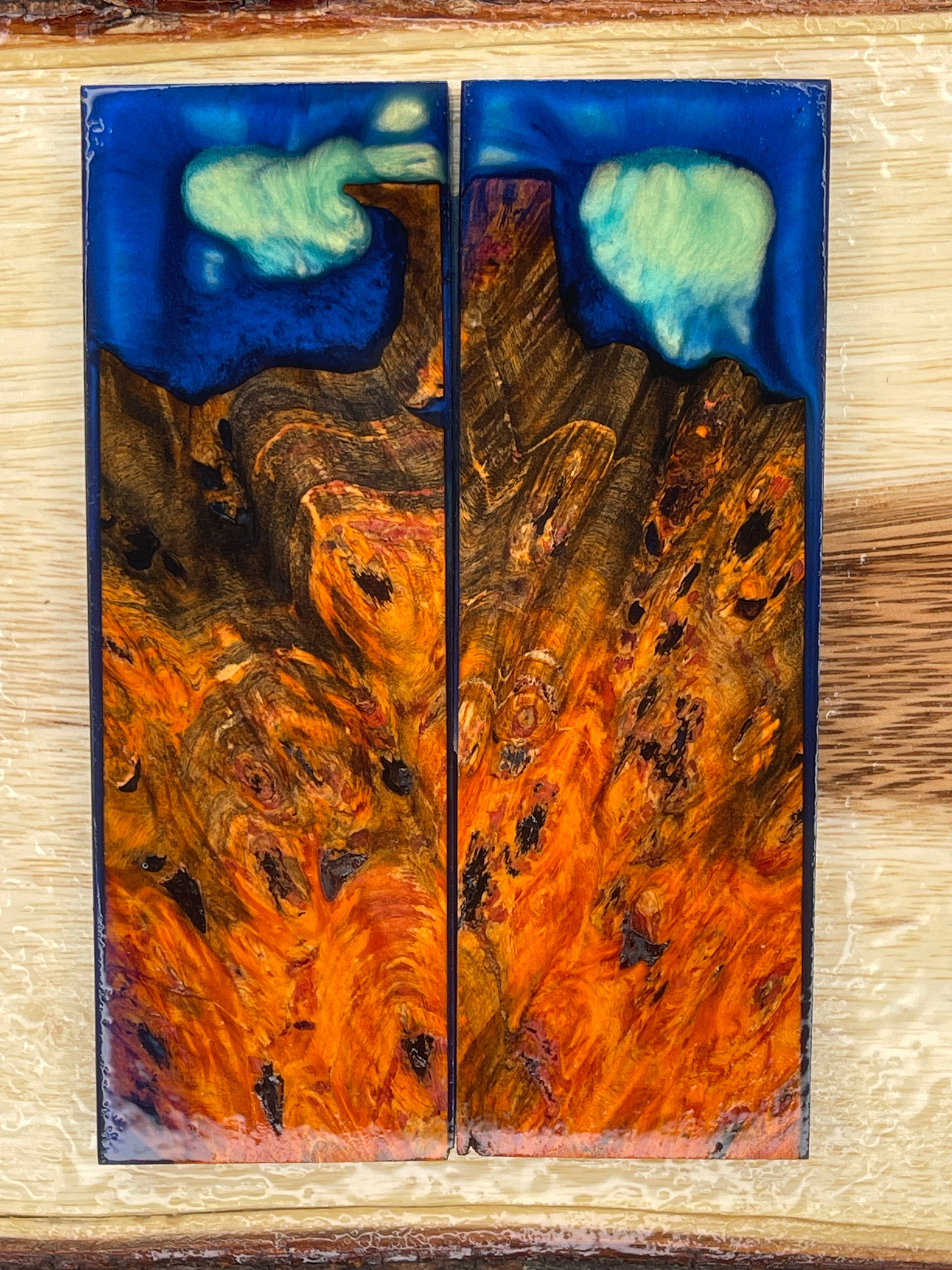 KS-211: Knife Scales - Hybrid Blue Green Resin Orange Dye Stabilized Buckeye Burl - Jakob Janssen Studios