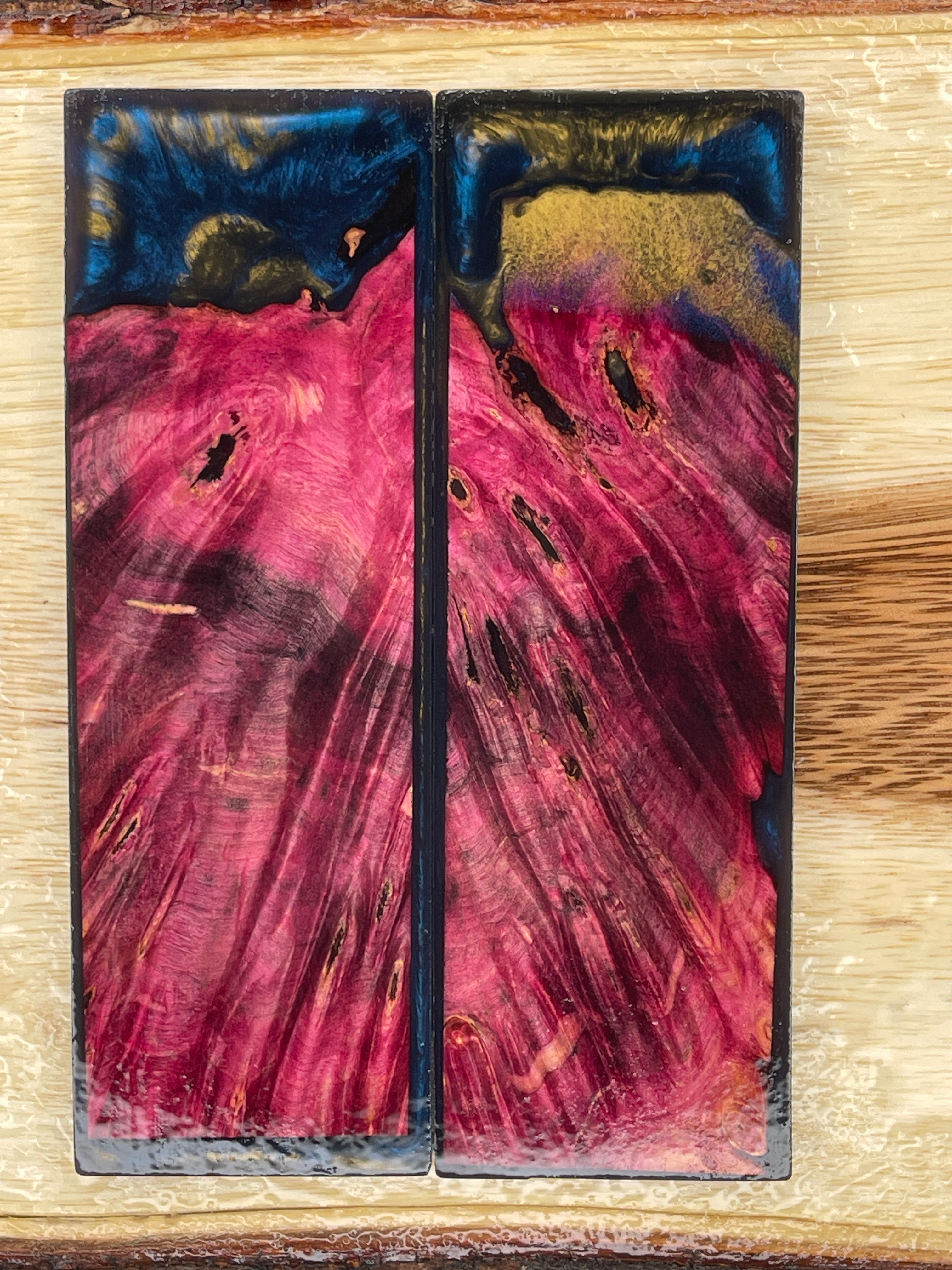 KS-212: Knife Scales - Hybrid Blue Gold Resin Pink Black Dye Stabilized Buckeye Burl - Jakob Janssen Studios