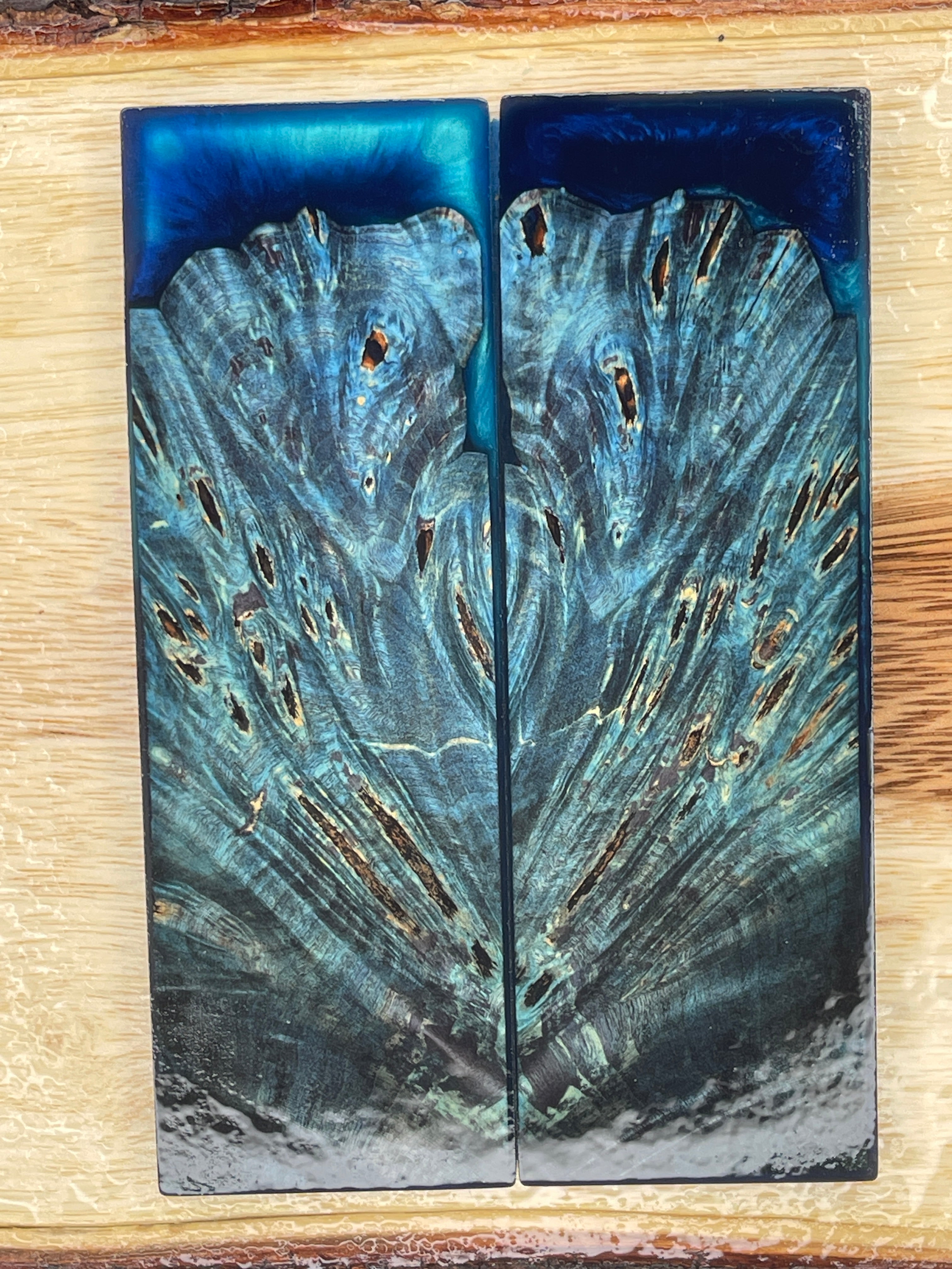 KS-217: Knife Scales - Hybrid Blue Resin Blue Dye Stabilized Buckeye Burl - Jakob Janssen Studios