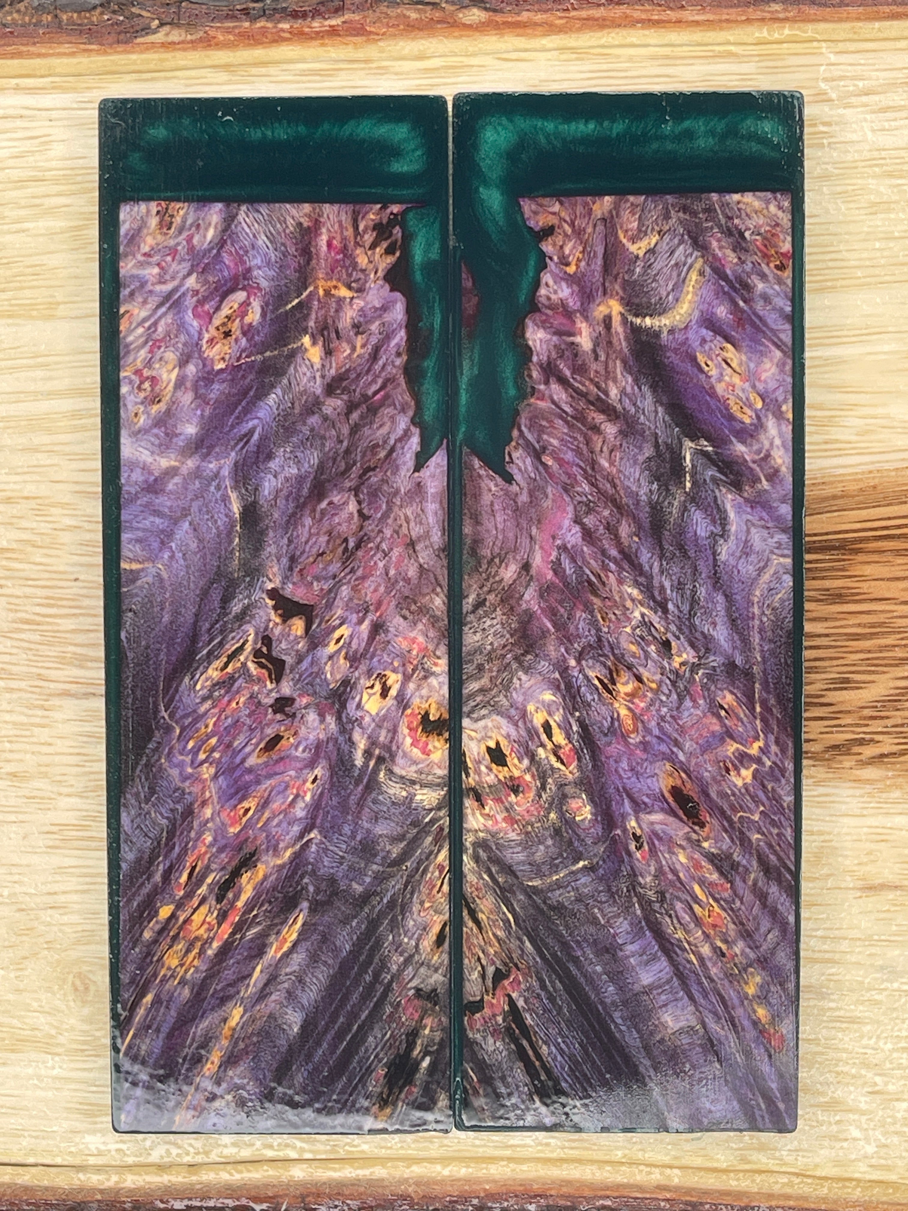 KS-221: Knife Scales - Hybrid Green Resin Purple Dye Stabilized Buckeye Burl - Jakob Janssen Studios