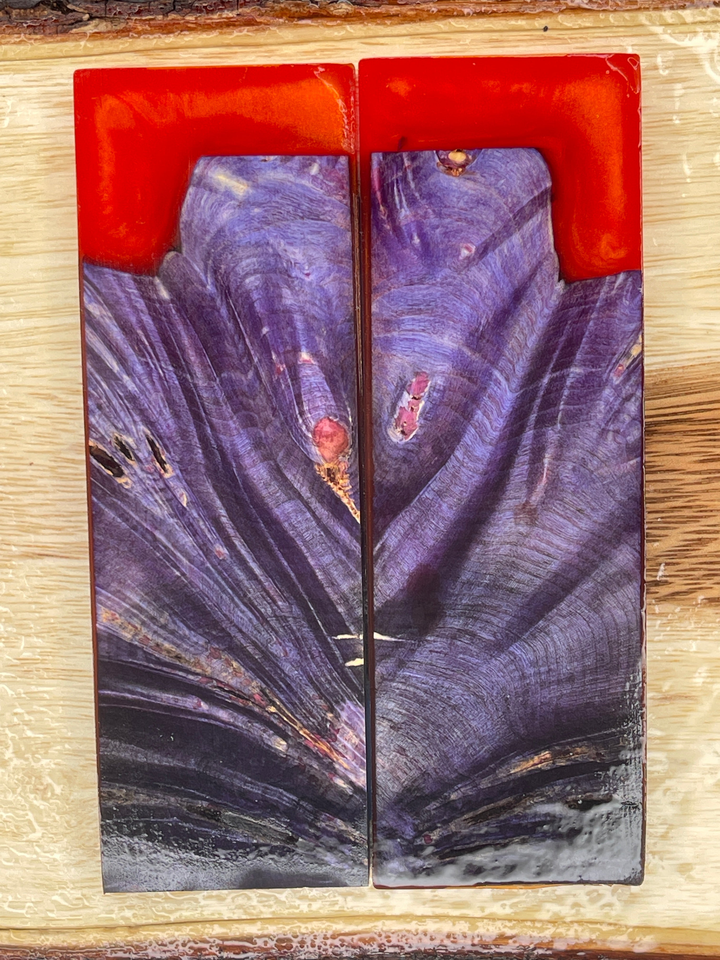 KS-241: Knife Scales - Hybrid Orange Resin Purple Dye Stabilized Buckeye Burl - Jakob Janssen Studios