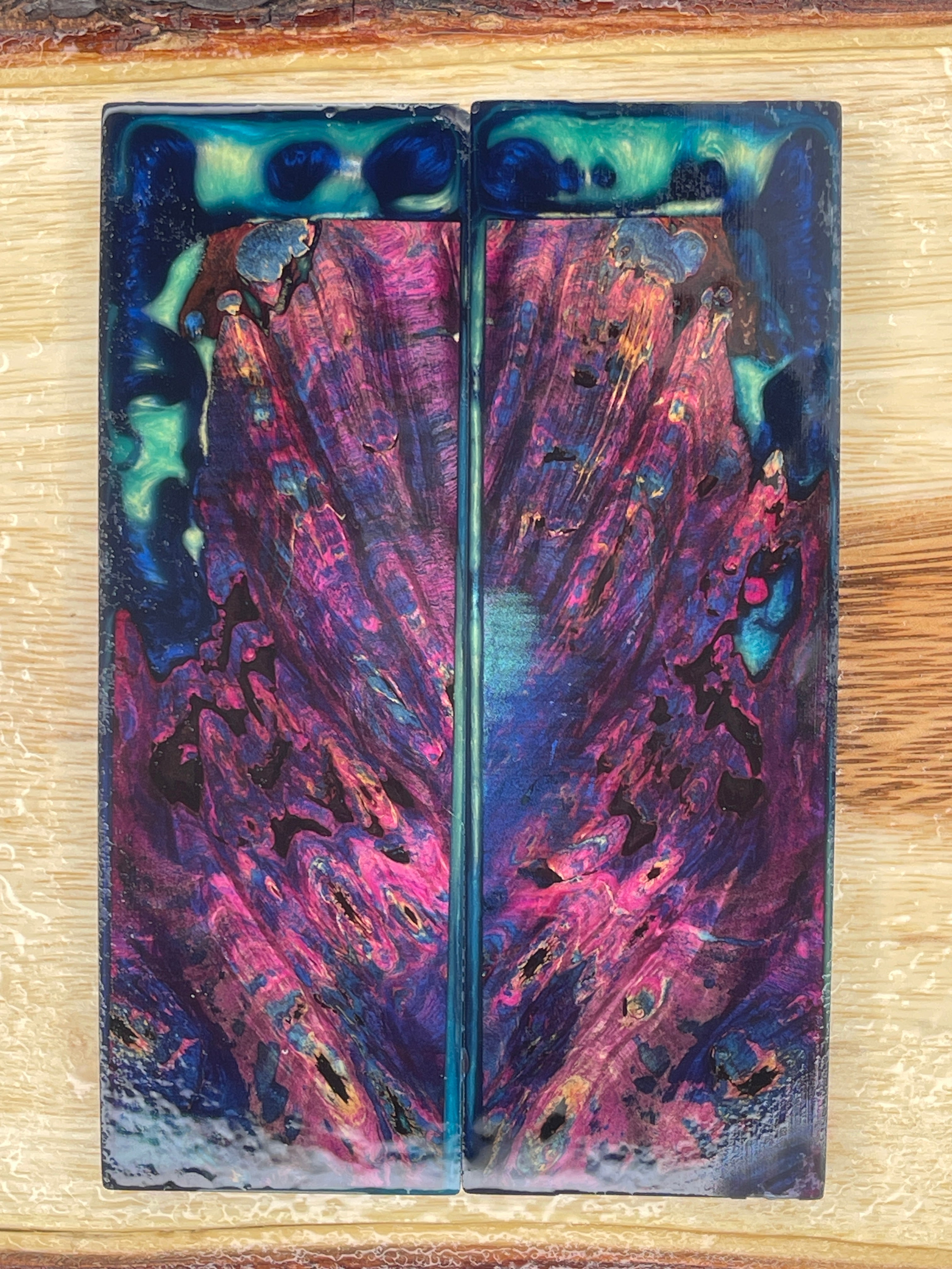 KS-226: Knife Scales - Hybrid Blue Green Resin Pink Blue Dye Stabilized Buckeye Burl - Jakob Janssen Studios