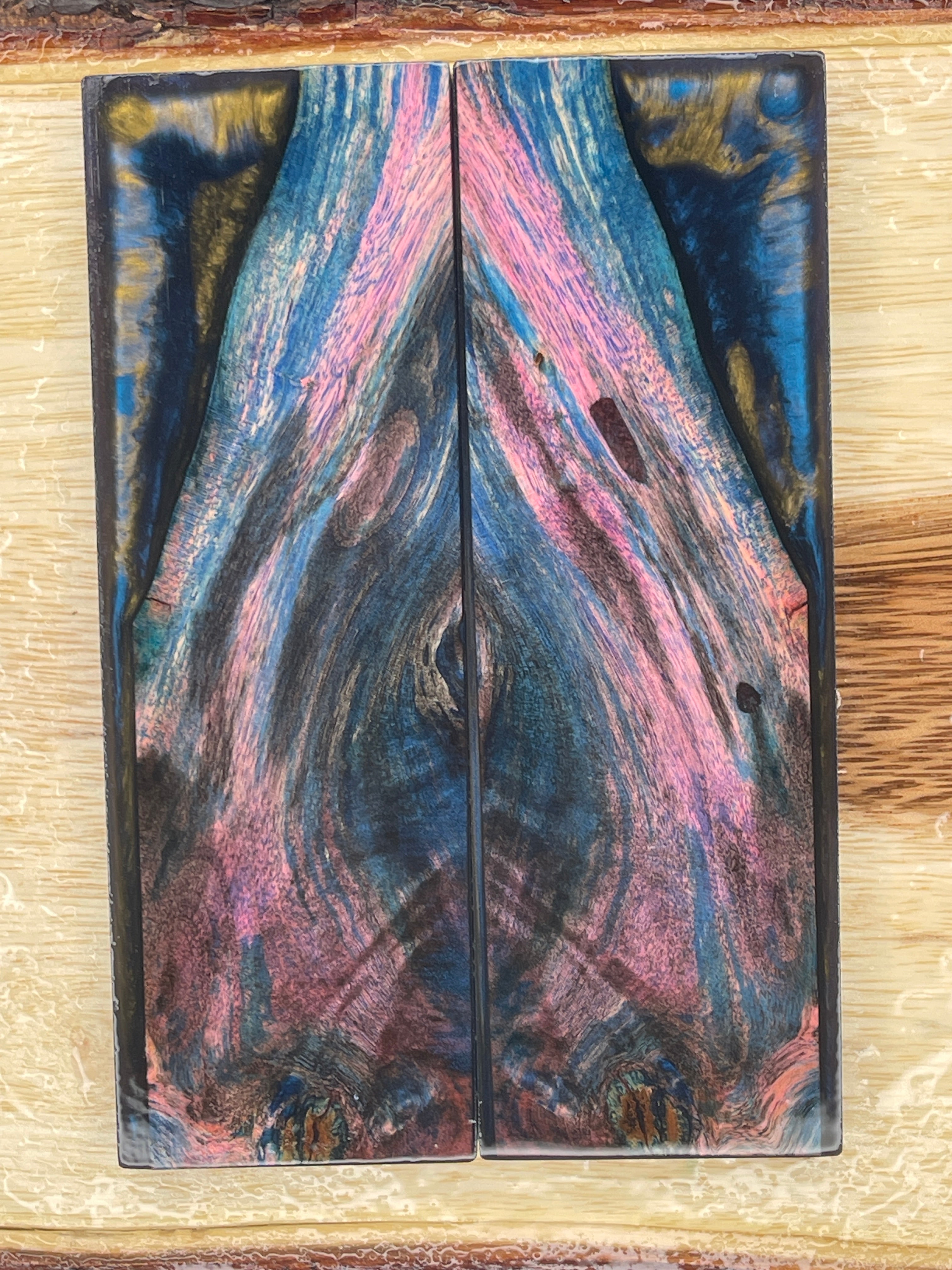 KS-229: Knife Scales - Hybrid Blue Resin Pink Blue Dye Stabilized Buckeye Burl - Jakob Janssen Studios