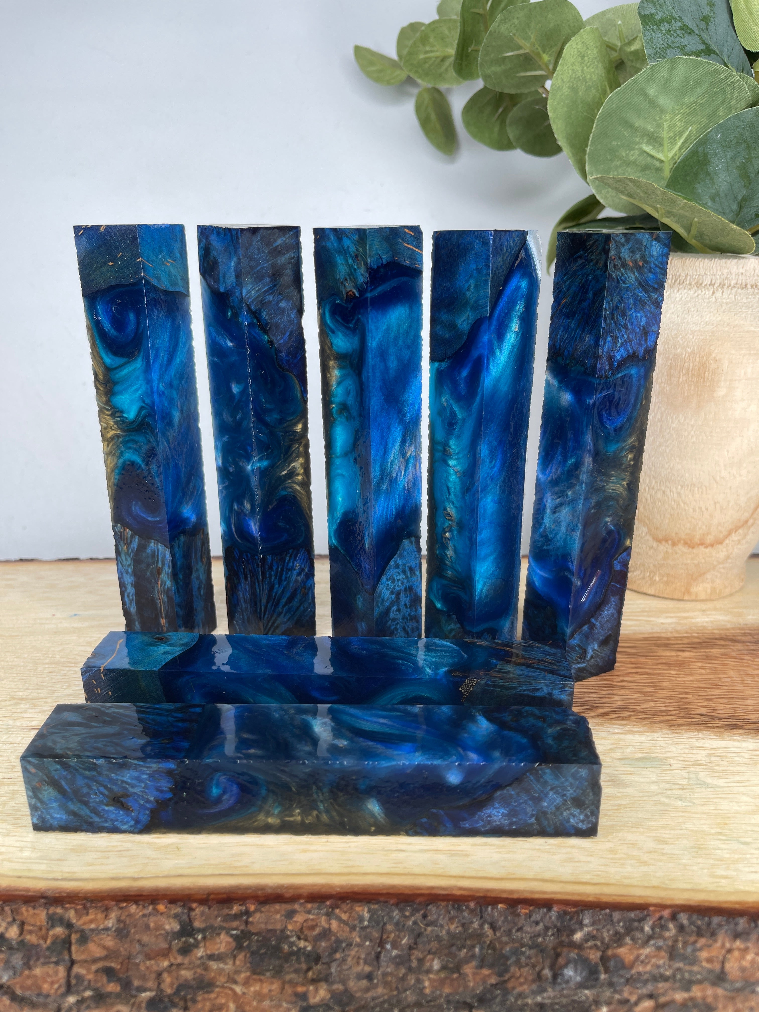 PBBrick-019: Blue Gold with Blue Dyed Maple Burl Hybrid Pen Blank Diamond Painting Alumilite Resin Casting