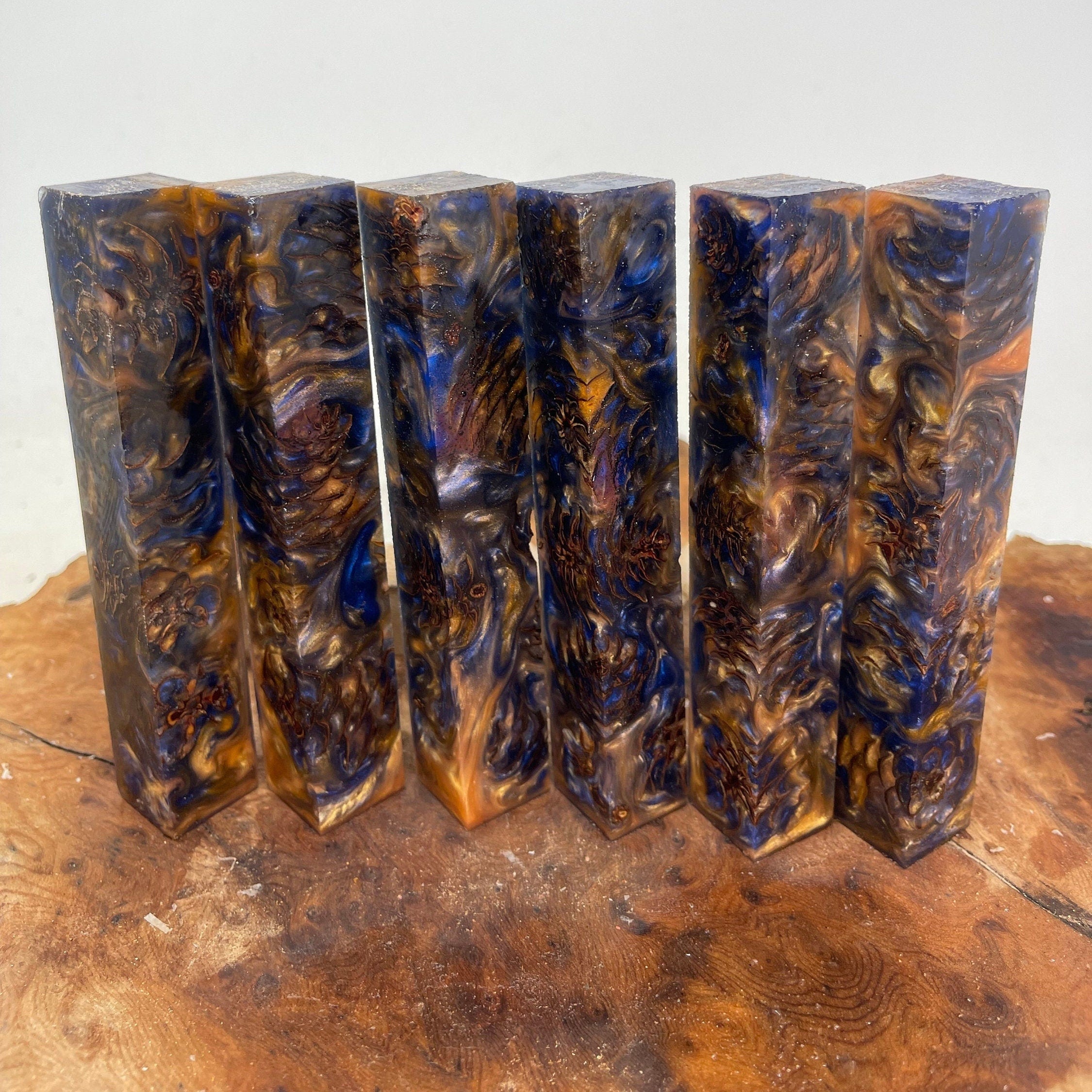 PBBrick-054: Pen Blanks - Blue Orange Stabilized Mini Pine Cone Hybrid   Alumilite Resin Casting - Jakob Janssen Studios