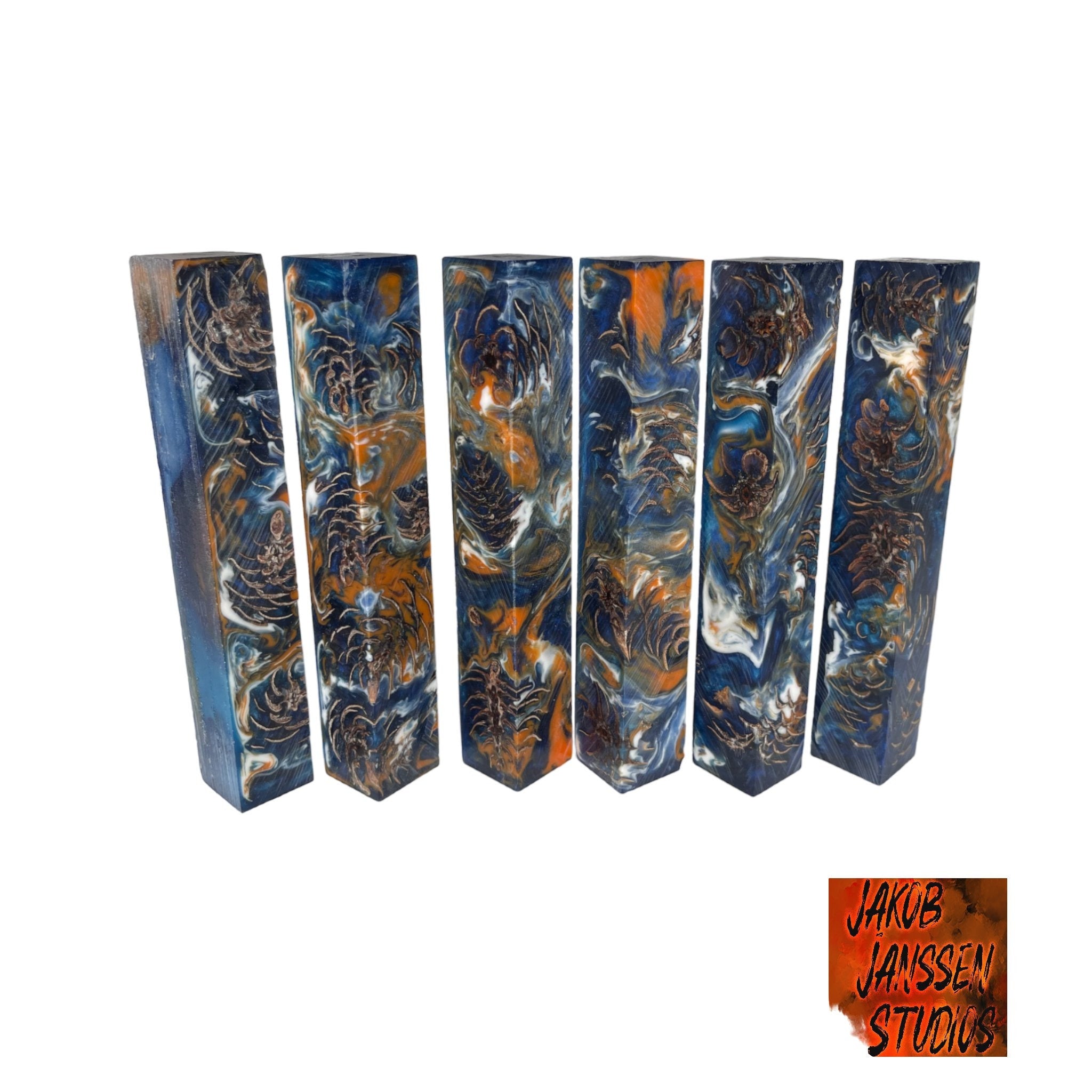 PBBrick-089: Pen Blanks - Blue Orange White Stabilized Mini Pine Cone Hybrid   Alumilite Resin Casting - Jakob Janssen Studios