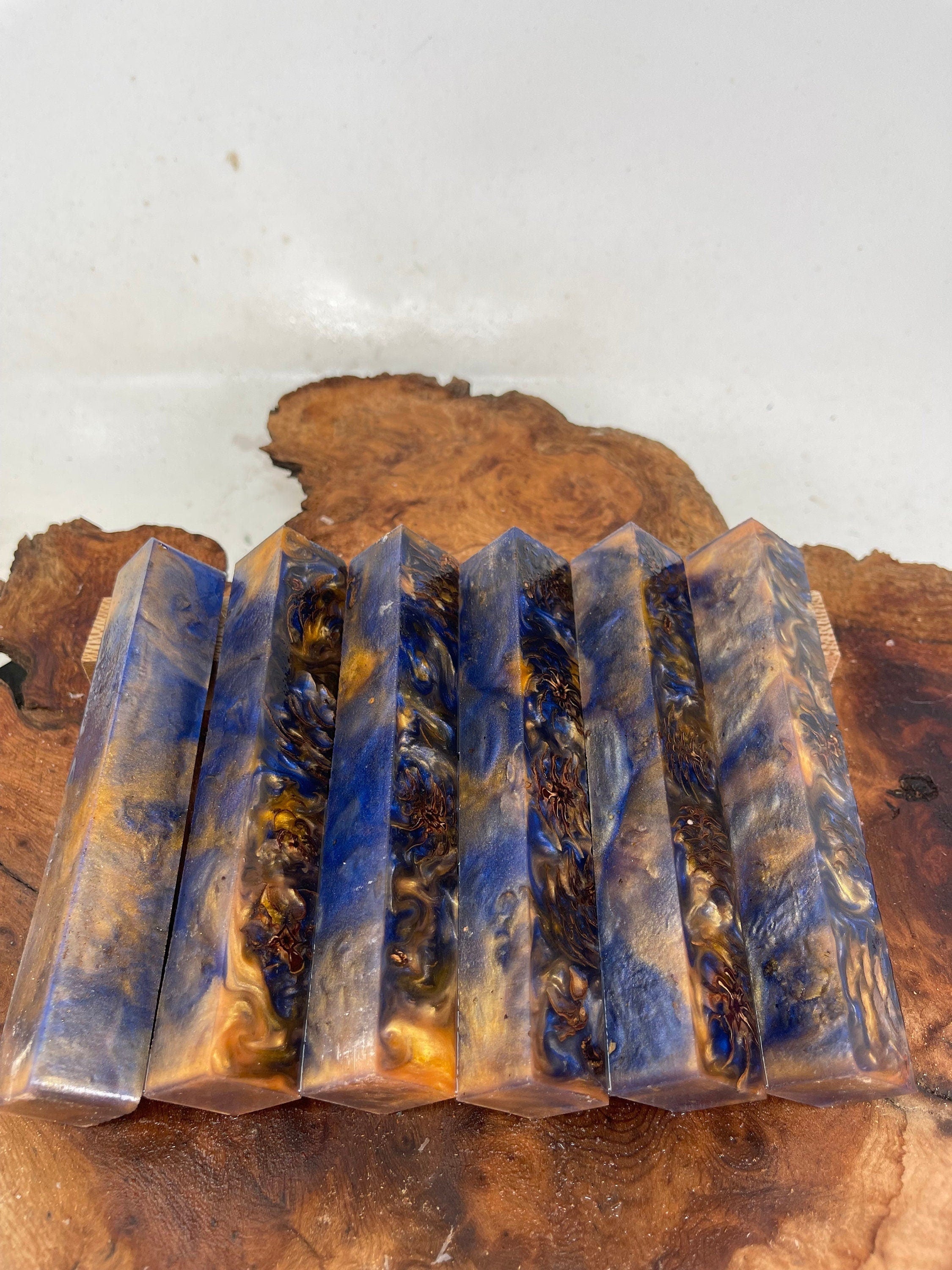 PBBrick-054: Pen Blanks - Blue Orange Stabilized Mini Pine Cone Hybrid   Alumilite Resin Casting - Jakob Janssen Studios