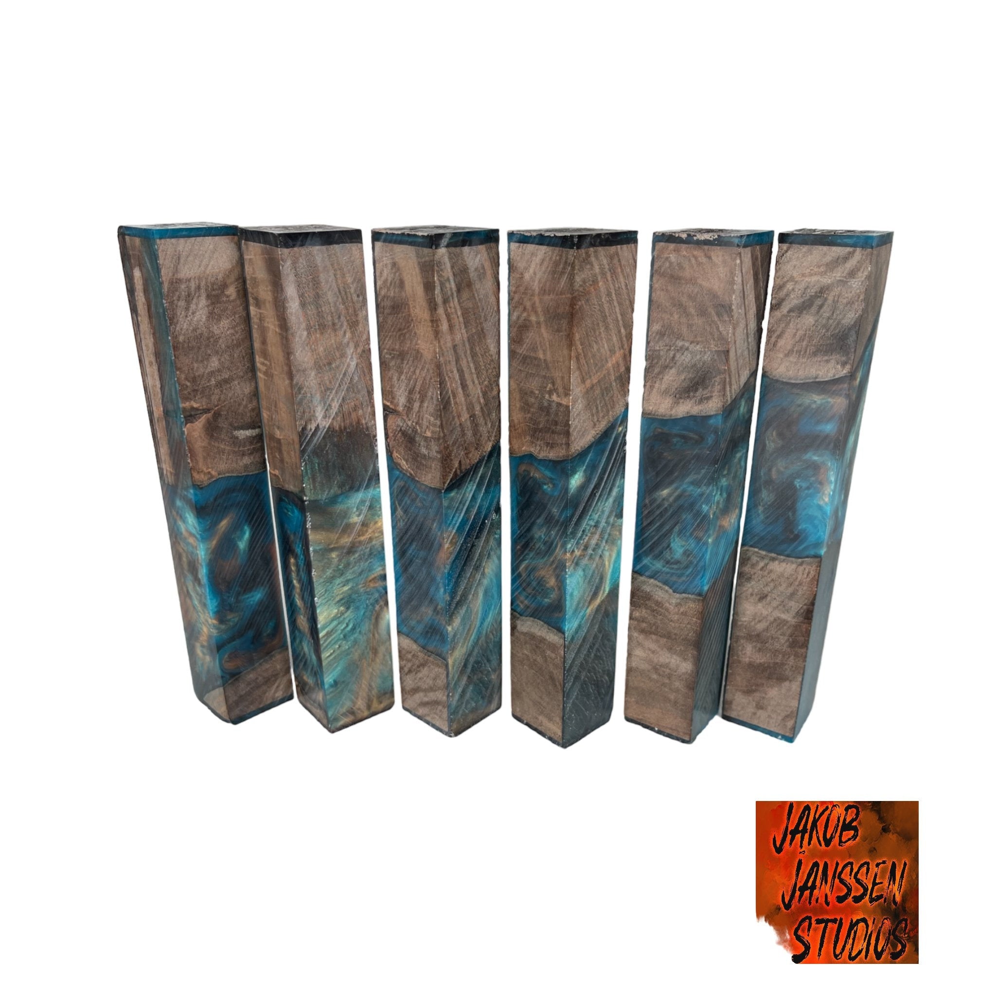 PBBrick-132: Pen Blanks - Blue Orange Maple Burl Stabilized Hybrid   Alumilite Resin Casting - Jakob Janssen Studios