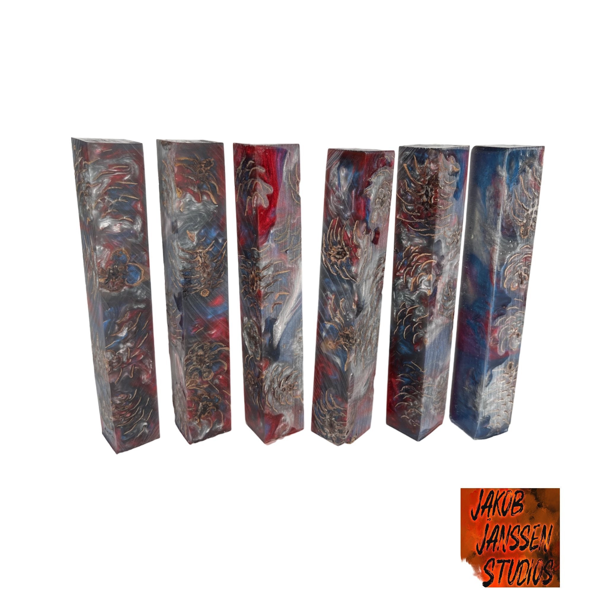 PBBrick-092: Pen Blanks - Blue Red Silver Stabilized Mini Pine Cone Hybrid   Alumilite Resin Casting - Jakob Janssen Studios