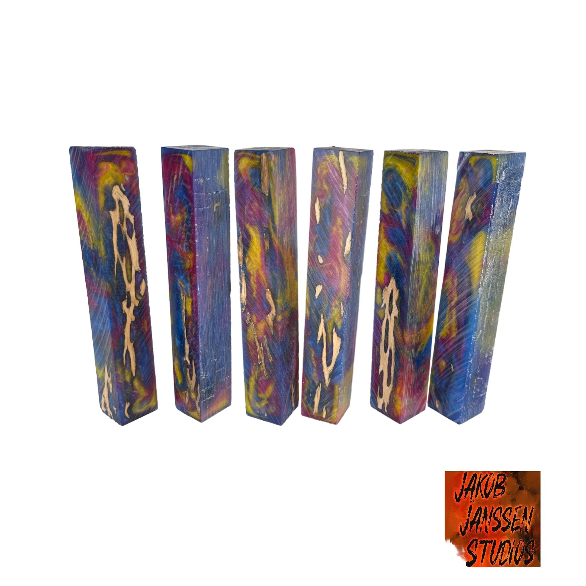 PBBrick-062: Pen Blanks - Blue Pink Yellow Stabilized Cholla Catctus Skeleton Hybrid   Alumilite Resin Casting - Jakob Janssen Studios