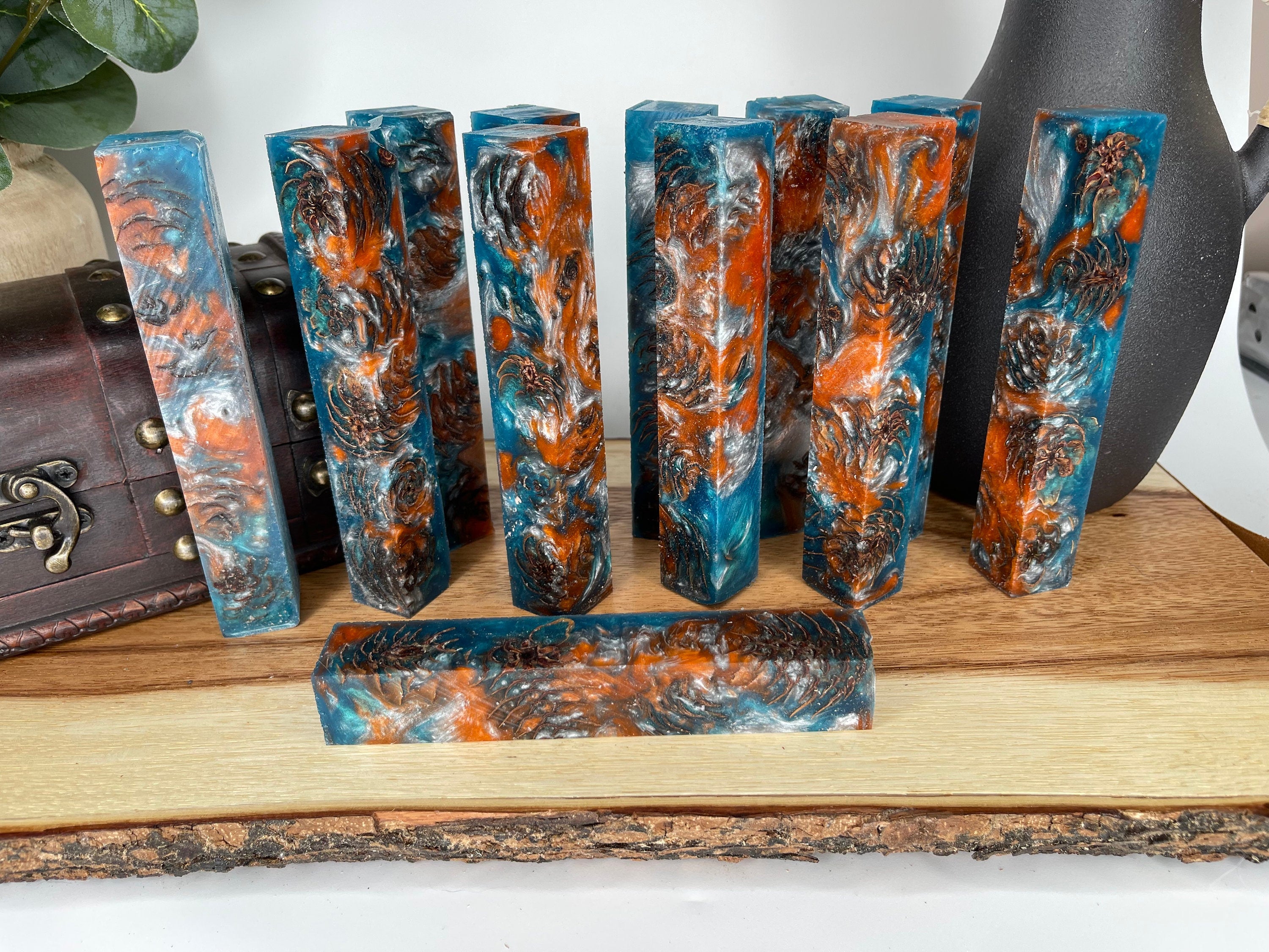 PBBrick-018: Pen Blanks - Blue Orange Silver Stabilized Mini Pine Cones Hybrid   Alumilite Resin Casting - Jakob Janssen Studios