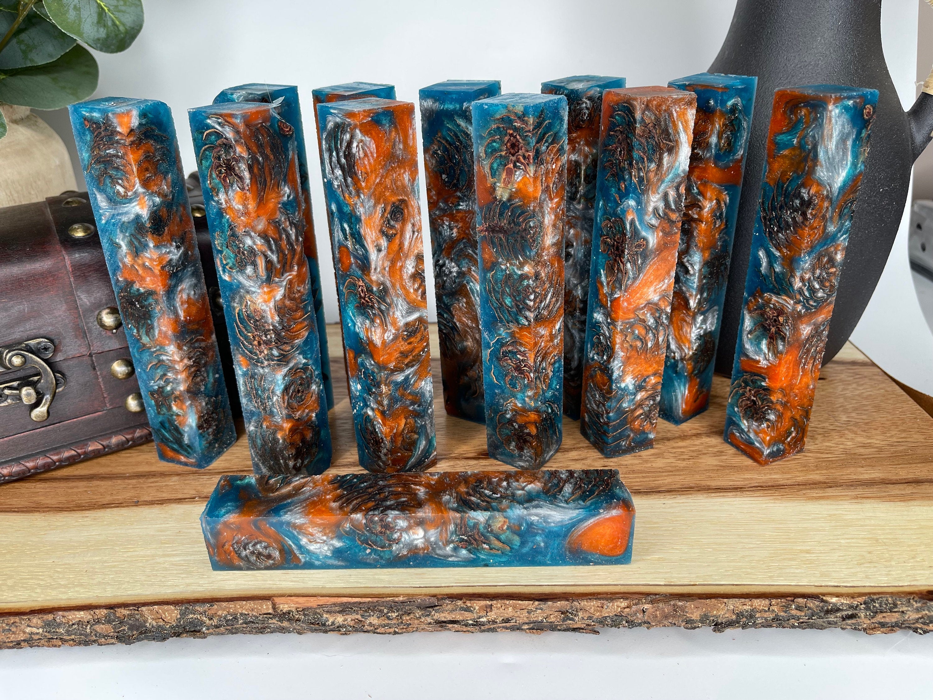 PBBrick-018: Pen Blanks - Blue Orange Silver Stabilized Mini Pine Cones Hybrid   Alumilite Resin Casting - Jakob Janssen Studios