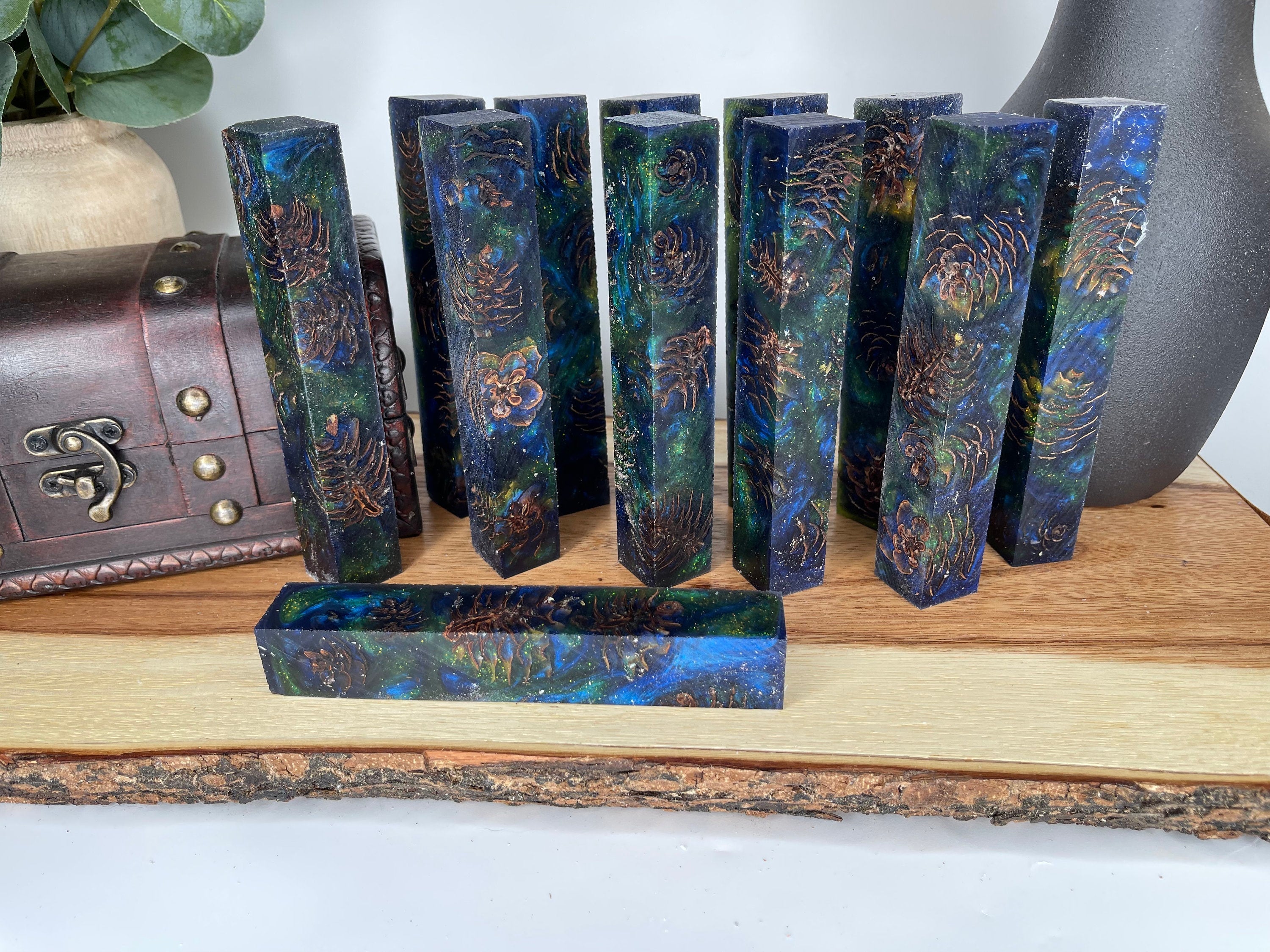 PBBrick-028: Pen Blanks - Blue Orange Silver Stabilized Mini Pine Cones Hybrid   Alumilite Resin Casting - Jakob Janssen Studios