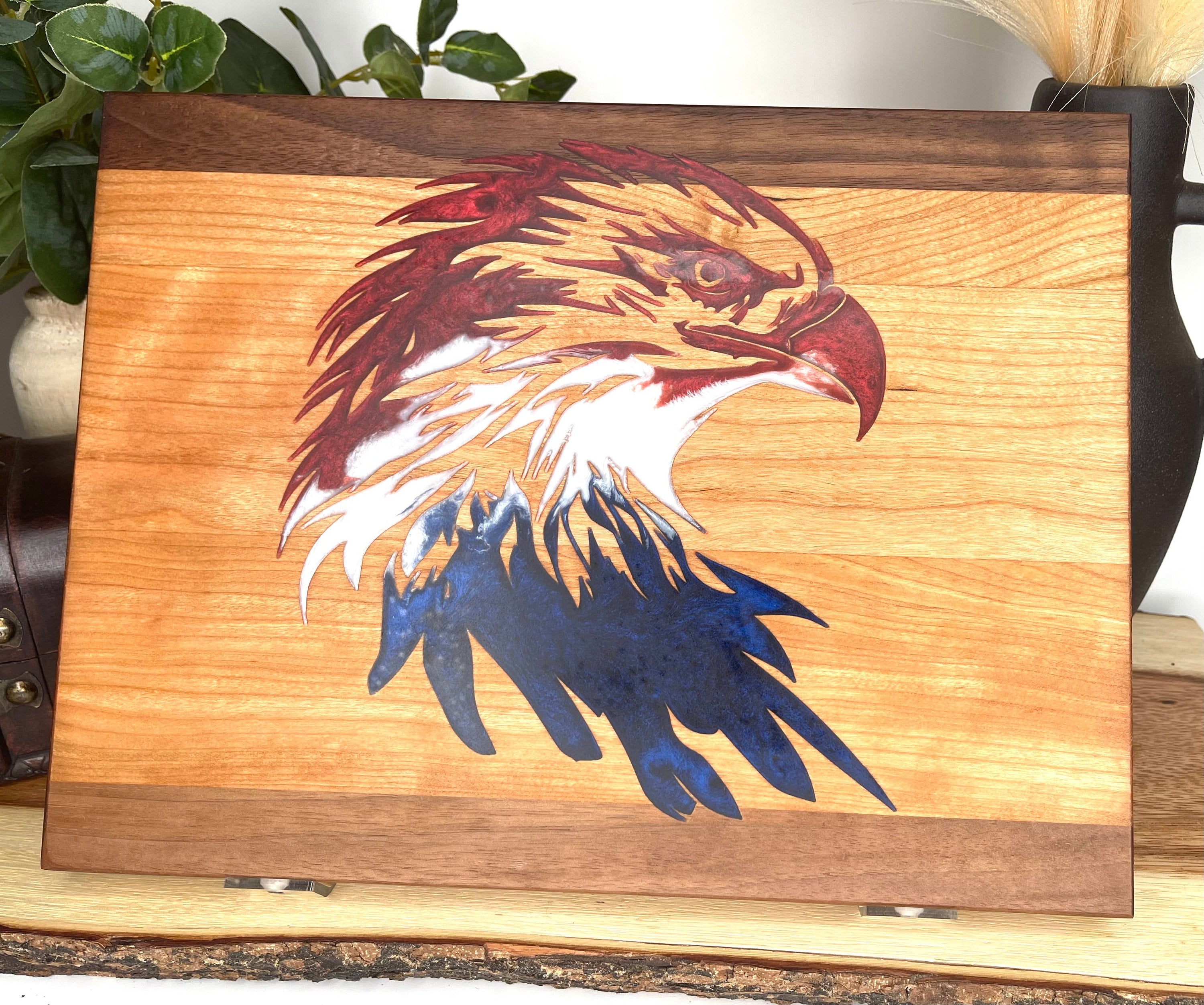 Red White and Blue Eagle Cutting/Serving Board Cherry with Black Walnut Alumilite Resin - Jakob Janssen Studios