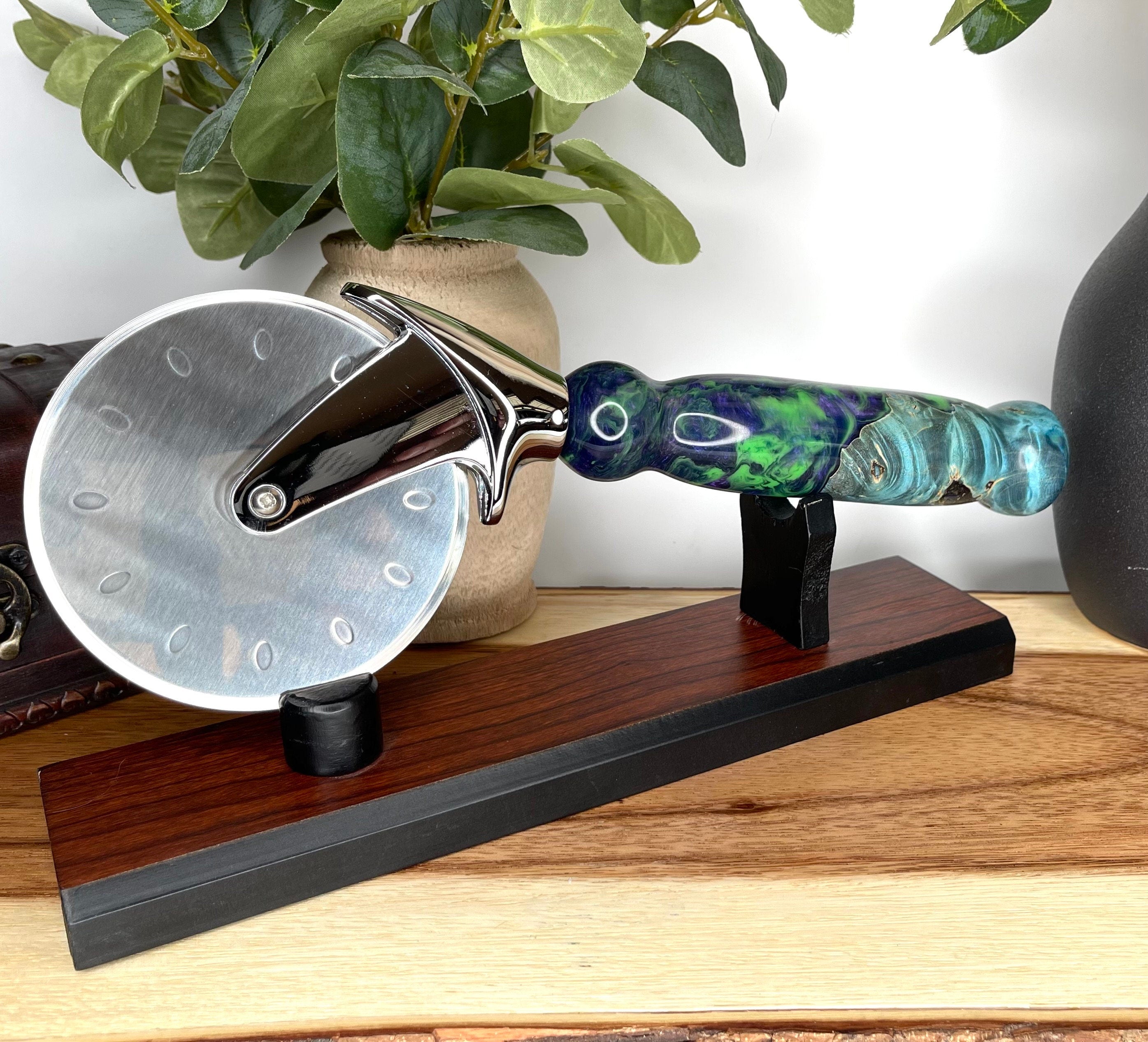 Artisian Pizza Cutter head with blue dye stabilized maple burl handle and purple green alumilite resin - Jakob Janssen Studios