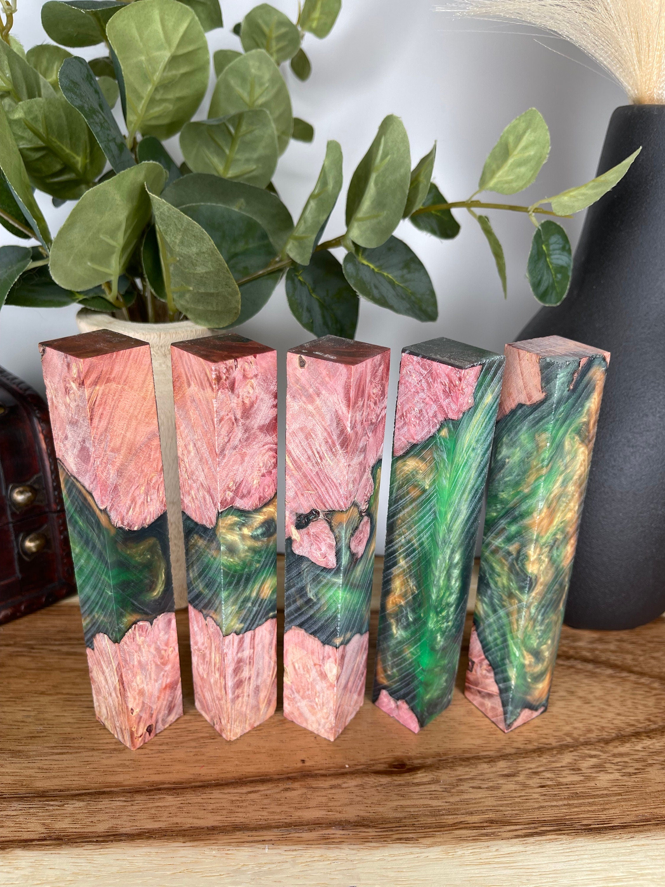 PBBrick-168: Pen Blanks - Green Orange Red Dye Stablized Maple Burl Hybrid   Alumilite Resin Casting - Jakob Janssen Studios