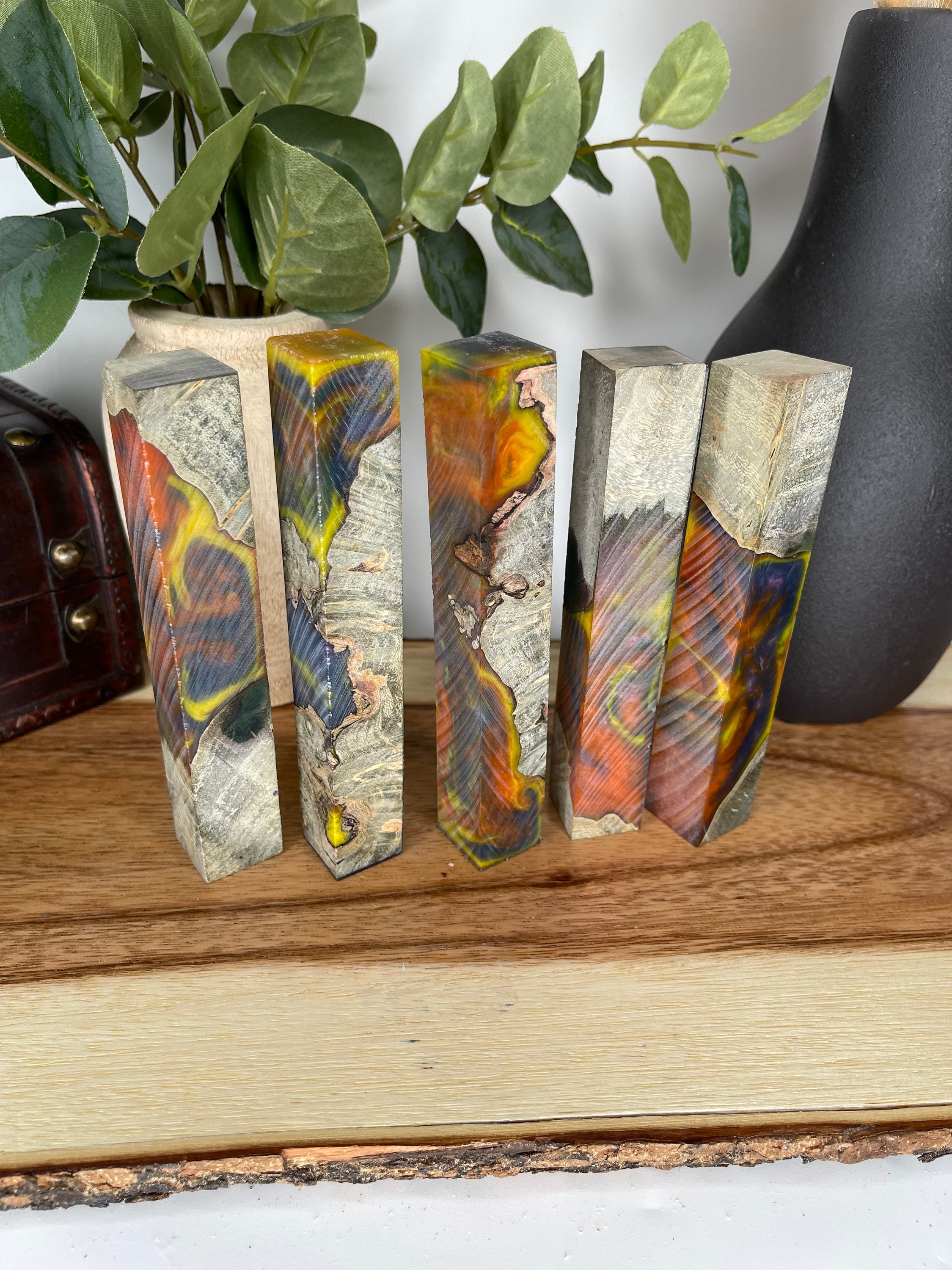 PBBrick-178: Pen Blanks - Red Orange Yellow Dye Stabilized Maple Burl Hybrid   Alumilite Resin Casting - Jakob Janssen Studios