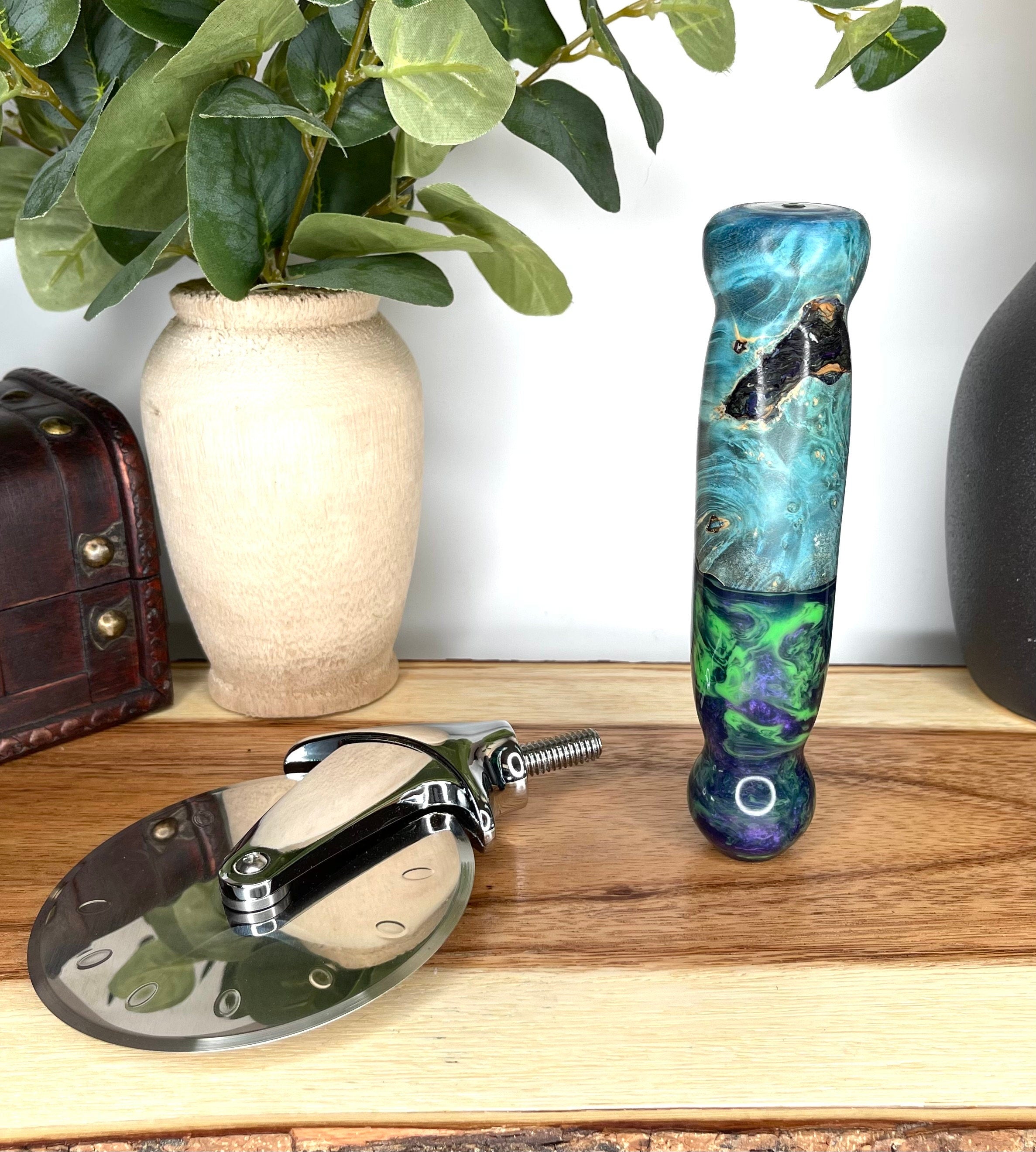 Artisian Pizza Cutter head with blue dye stabilized maple burl handle and purple green alumilite resin - Jakob Janssen Studios