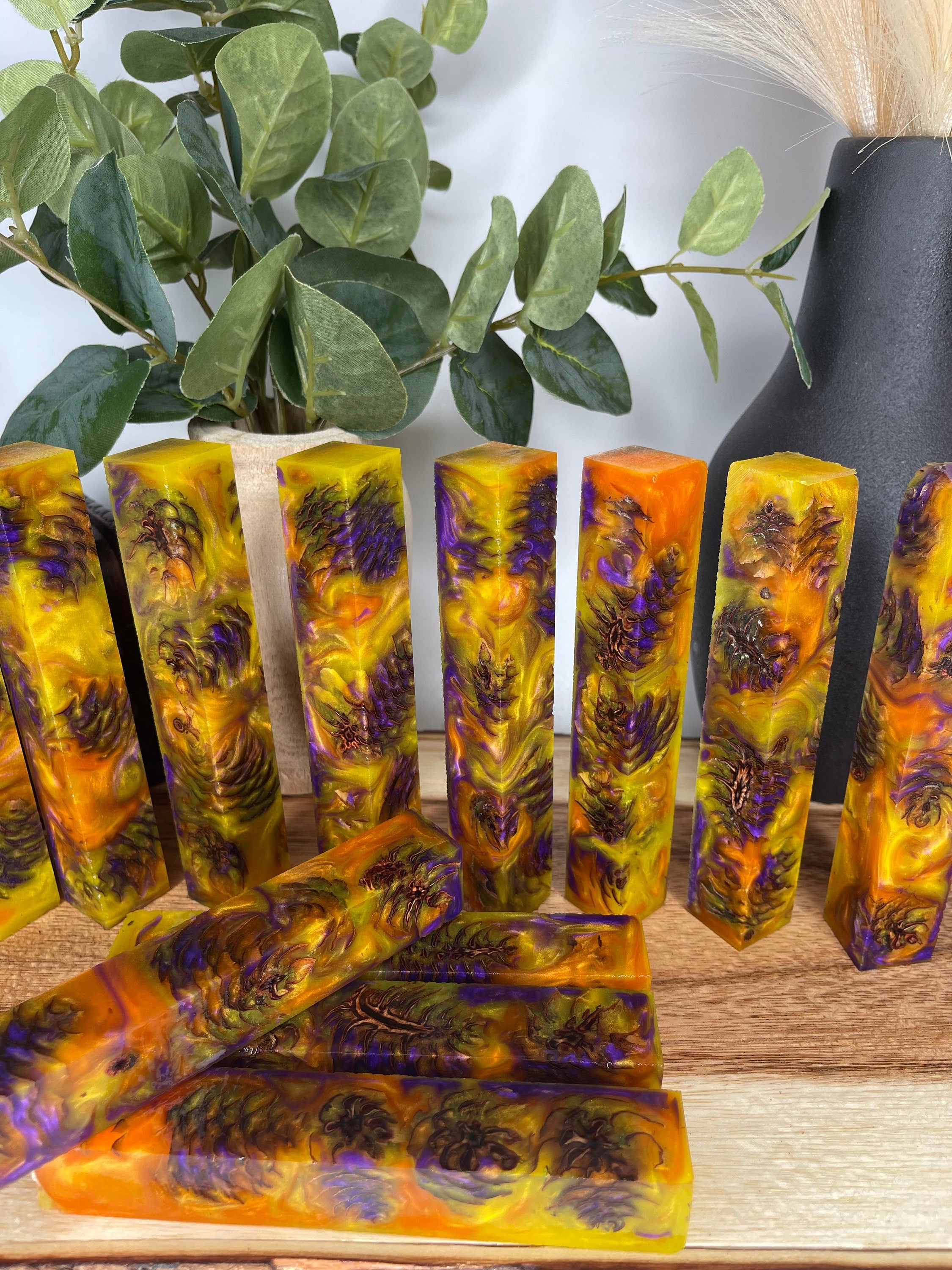 Yellow Orange Purple Stabilized Mini Pine Cones Hybrid Pen Blank Alumilite Resin Casting - Jakob Janssen Studios