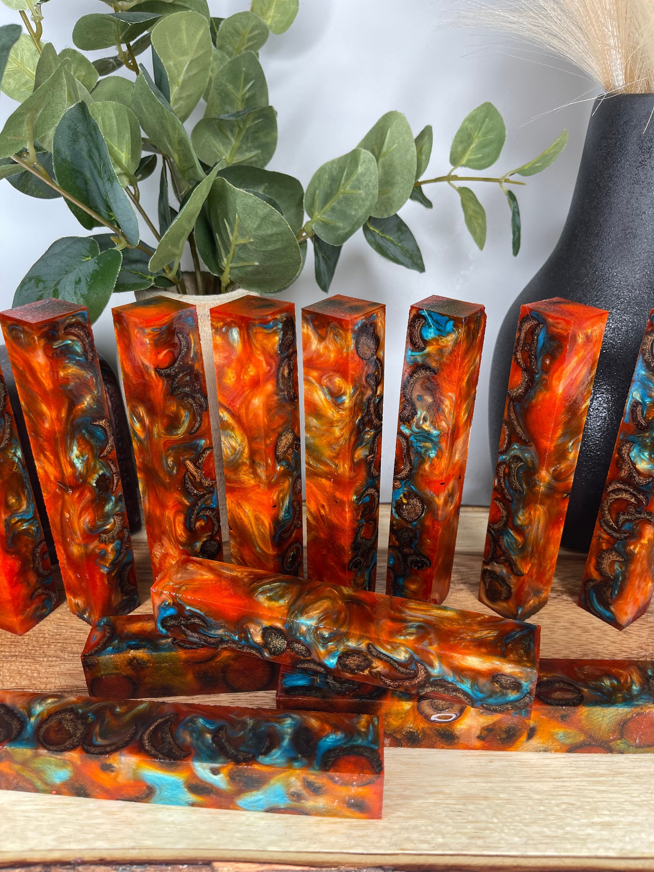 PBBrick-007: Orange Blue Stabilized Acorn Caps Hybrid Pen Blank Alumilite Resin Casting - Jakob Janssen Studios