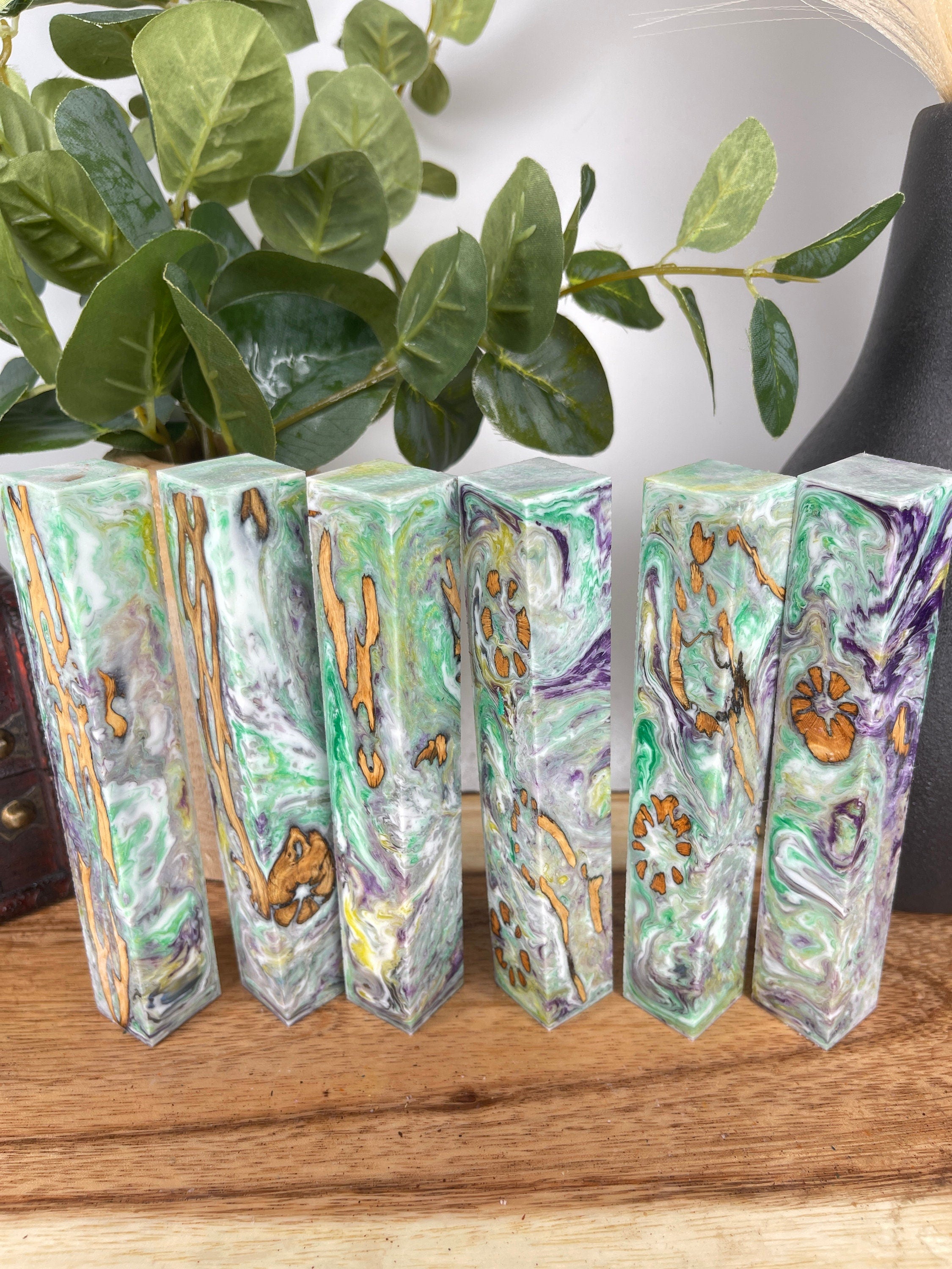 PBBrick-056: Green Purple White Yellow Cholla Catus Hybrid Pen Blank Diamond Painting Alumilite Resin Casting - Jakob Janssen Studios